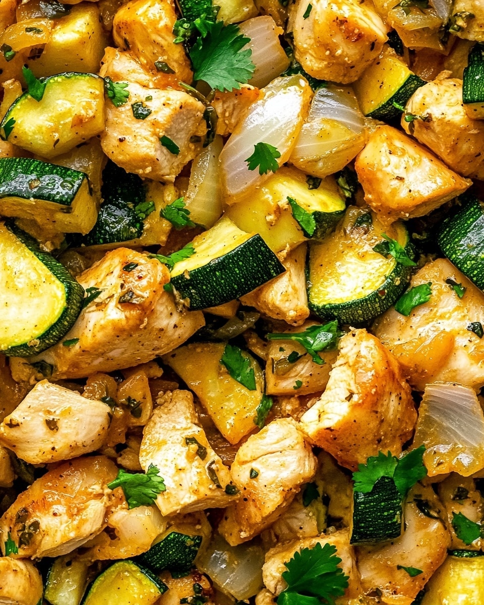Easy Baked Chicken and Zucchini, baked chicken and zucchini recipe, healthy baked chicken with zucchini, quick chicken and zucchini dinner, simple roasted chicken and zucchini The image shows a clear glass baking dish filled with cooked food on a white marbled surface. The dish contains chunks of golden brown meat mixed with pieces of cooked yellow and green zucchini and pale juicy onions, all topped with bright green chopped herbs. The ingredients are mixed evenly, showing a textured and colorful combination of browned and soft vegetables and meat with a light sauce gathered at the bottom. The overall look is warm, fresh, and inviting, with a balance of green, yellow, and brown colors.