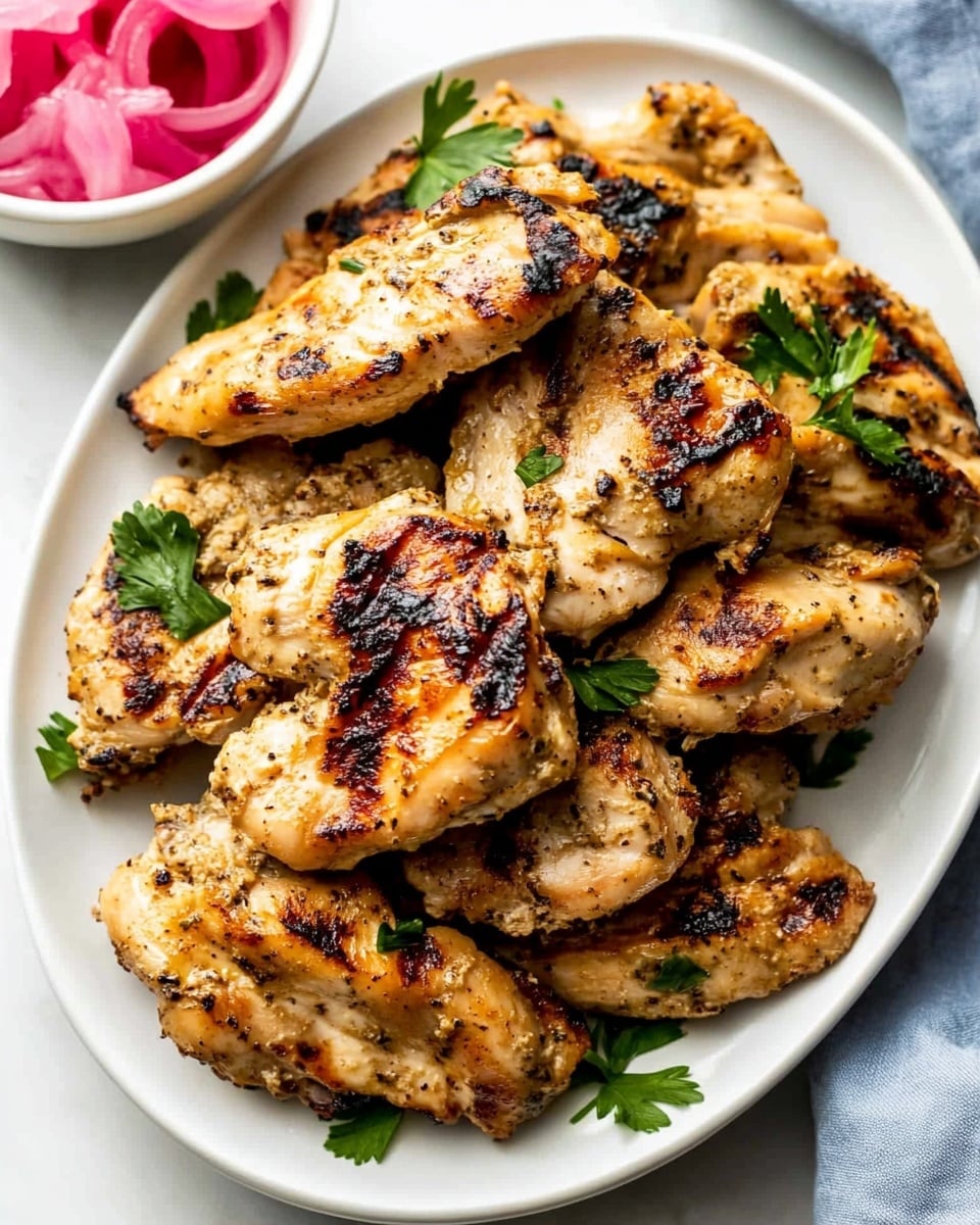 Yogurt-Marinated Greek Chicken, Greek Chicken Recipe, Mediterranean Chicken, Herb-Marinated Chicken, Juicy Yogurt Chicken A close-up of a white bowl filled with several layers: at the bottom, there are pieces of bright red tomato and green cucumber diced into cubes; next to them are grilled slices of brown chicken placed on top, showing a textured surface; a dollop of white sauce with a creamy consistency is beside the chicken; finally, on another section of the bowl, there is a heap of light yellow couscous with a fluffy texture. The bowl sits on a white marbled surface.