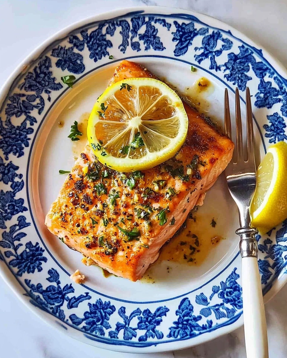 Baked Salmon with Lemon Herb Cream Sauce and Roasted Potatoes and Broccoli, healthy baked salmon dinner, quick salmon recipes, easy one-pan salmon meal, lemon herb salmon The image shows a cooked salmon fillet placed in the center of a white plate with a blue floral pattern around the edge. The salmon is light pink inside with a golden-brown seasoned crust on top. On the fillet, there is a thin, round lemon slice garnished with small green herbs. A silver fork with a white handle is positioned to the right of the fillet, holding a small piece of salmon. A lemon wedge is placed near the fork on the right side of the plate. The whole plate is set against a white marbled surface.