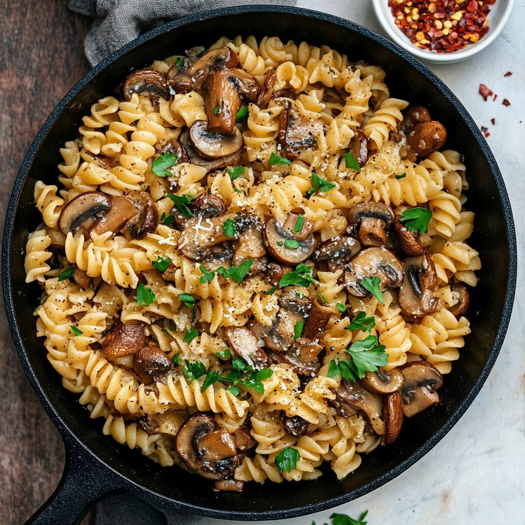 Garlic Mushroom Pasta, Mushroom Pasta Recipe, Easy Mushroom Pasta, Creamy Garlic Pasta, Vegetarian Pasta Dinner A black cast iron pan is filled with a single layer of curly, golden-yellow pasta mixed with chunks of brown mushrooms, all coated lightly in sauce. Scattered over the top are small pieces of fresh green parsley, adding a bright contrast. The pasta and mushrooms are evenly mixed, sitting in a rustic, hearty pile with some grated cheese sprinkled lightly over everything. The background is a white marbled texture, and a small white bowl of red chili flakes sits nearby.