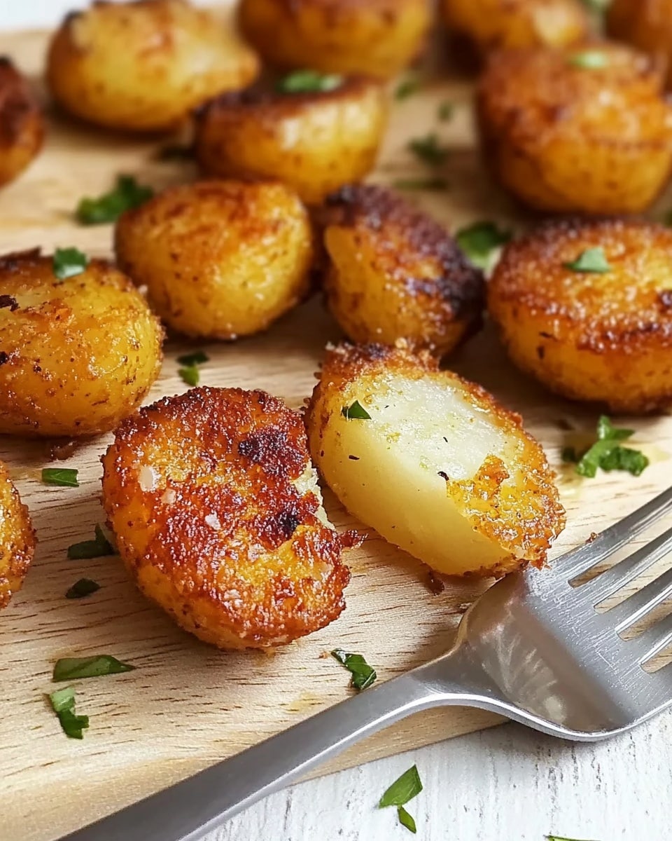 Crispy Oven Roasted Potatoes, oven roasted potatoes, crispy roasted potatoes, easy potato side dish, golden roasted potatoes The image shows several pieces of golden-brown roasted potatoes closely packed together. Each potato piece has a crispy, rough texture with a rich brown color on the surface, sprinkled with small green herb bits and coarse white salt crystals. The inside of the potatoes appears soft and lighter yellow, visible through some edges. The overall look is warm and crunchy with a slight shine from the herbs and salt on top. The background is a white marbled texture.