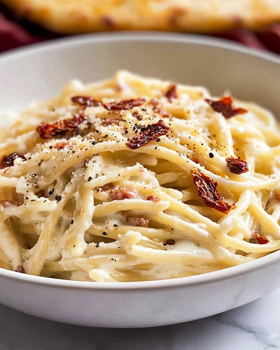 A white bowl holds a serving of creamy spaghetti covered with a rich white sauce, topped with pieces of crispy brown bacon scattered on top. The spaghetti noodles are thick and coated evenly in the sauce, which looks smooth and slightly shiny. There are small black specks of seasoning mixed throughout. The bowl is set on a white marbled surface, with a blurred background that hints at a thin flatbread. Photo taken with an iphone --ar 4:5 --v 6.1