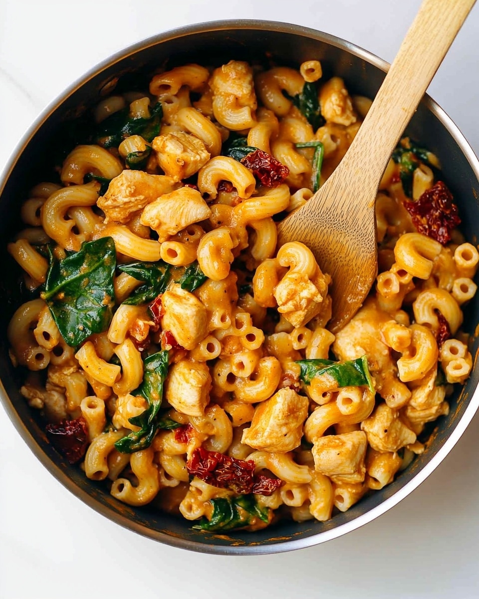 A close-up top view of a saucepan filled with cooked elbow macaroni pasta mixed with chunks of light brown cooked chicken, fresh green spinach leaves, and small pieces of red sun-dried tomatoes, all coated in a creamy orange-tinted sauce. A wooden spoon with a light brown handle is resting inside the saucepan, stirring the contents. The saucepan has a white marble surface background. photo taken with an iphone --ar 4:5 --v 6.1