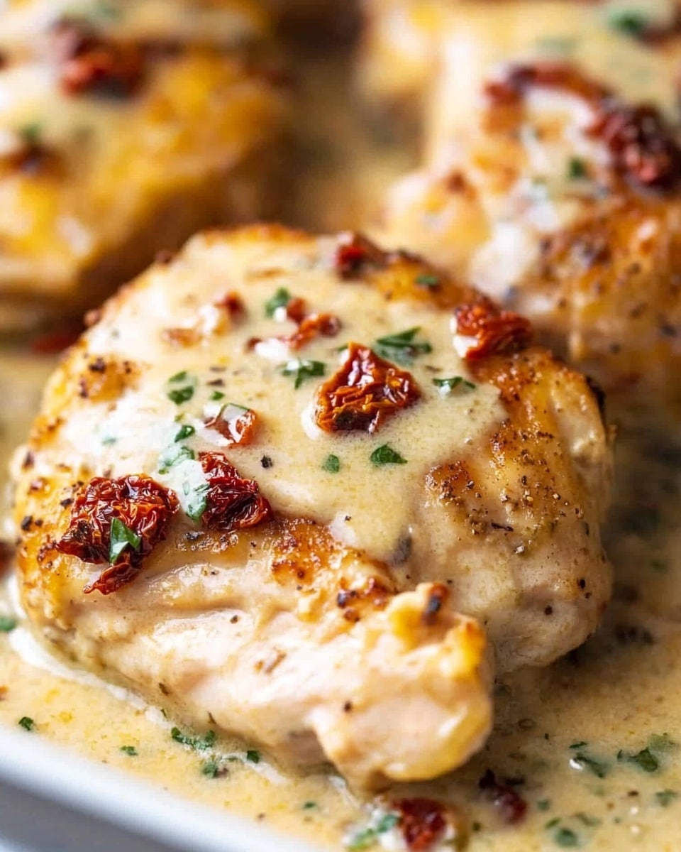 The image shows several pieces of golden brown cooked chicken layered with a thick creamy sauce that has chunks of sun-dried tomatoes and mushrooms. The sauce is light beige with flecks of black pepper and herbs, covering the chicken almost completely but still showing some browned crispy edges. Small pieces of green herbs are sprinkled over the top, adding a fresh color contrast. The dish looks rich and creamy, with a smooth texture from the sauce blending with the tender texture of the chicken. The background is a white marbled surface. photo taken with an iphone --ar 4:5 --v 6.1