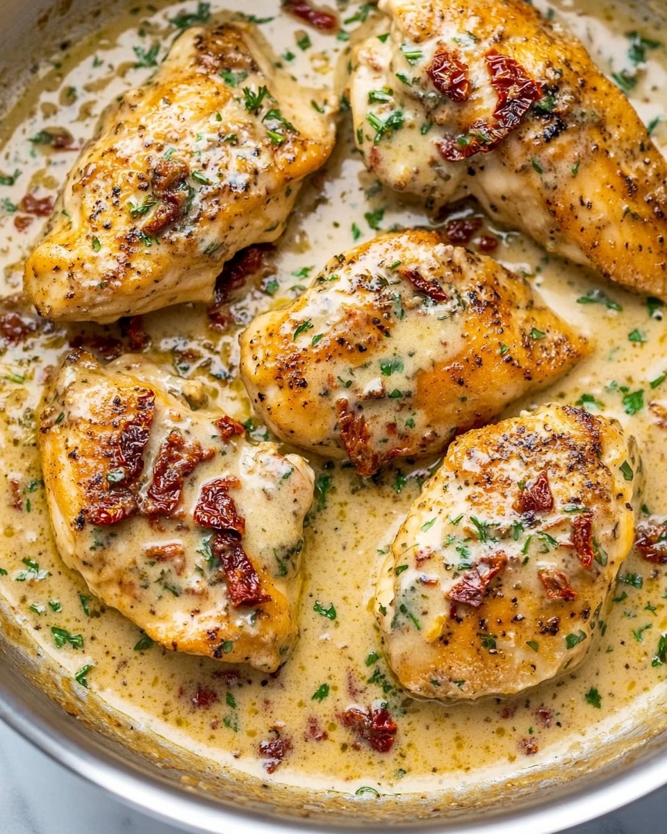 The image shows a close-up of thick, golden-brown pan-seared chicken pieces layered with a rich creamy sauce that has visible chunks of sun-dried tomatoes and sprinkled green herbs on top. The chicken pieces have a lightly crispy browned edge with tender white meat inside. The creamy sauce is generously spread over each piece, giving a soft, velvety texture with a yellowish-beige color, speckled with red and green from the tomatoes and herbs. The background is blurred but hints at more chicken pieces coated in the same creamy sauce, all on a white marbled surface. photo taken with an iphone --ar 4:5 --v 6.1