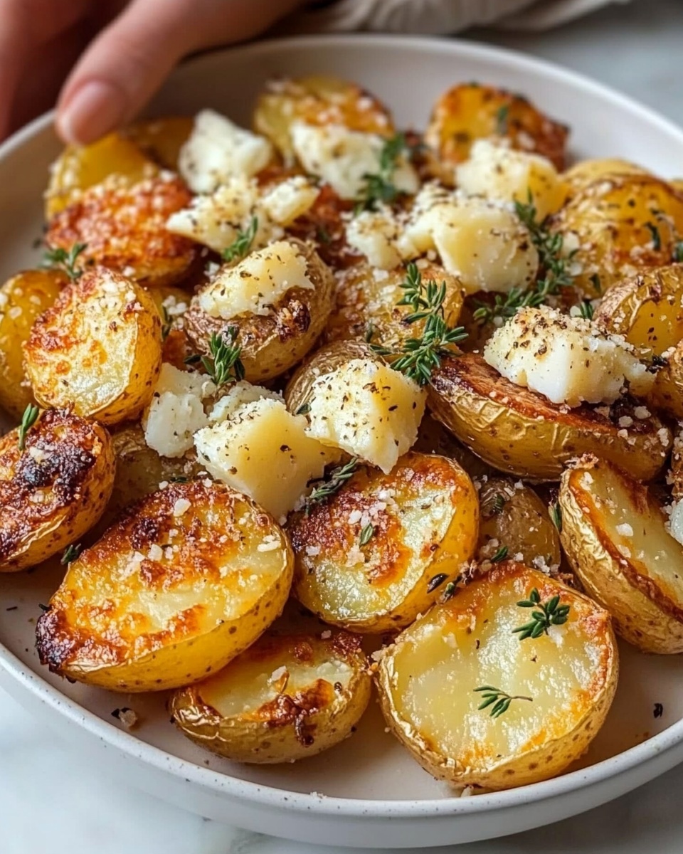 The dish shows multiple small roasted potato pieces with a crispy, golden-brown texture scattered all over a white plate. Over the potatoes, there are uneven crumbles of soft white cheese that contrast with the potatoes. Thin strips of fresh green basil leaves are sprinkled evenly on top, adding a pop of color, while a light seasoning is visible on the potatoes and cheese. The plate sits on a white marbled surface with a woman's hand reaching from the side holding a knife near a lemon wedge and some green herbs in the background. Photo taken with an iphone --ar 4:5 --v 6.1