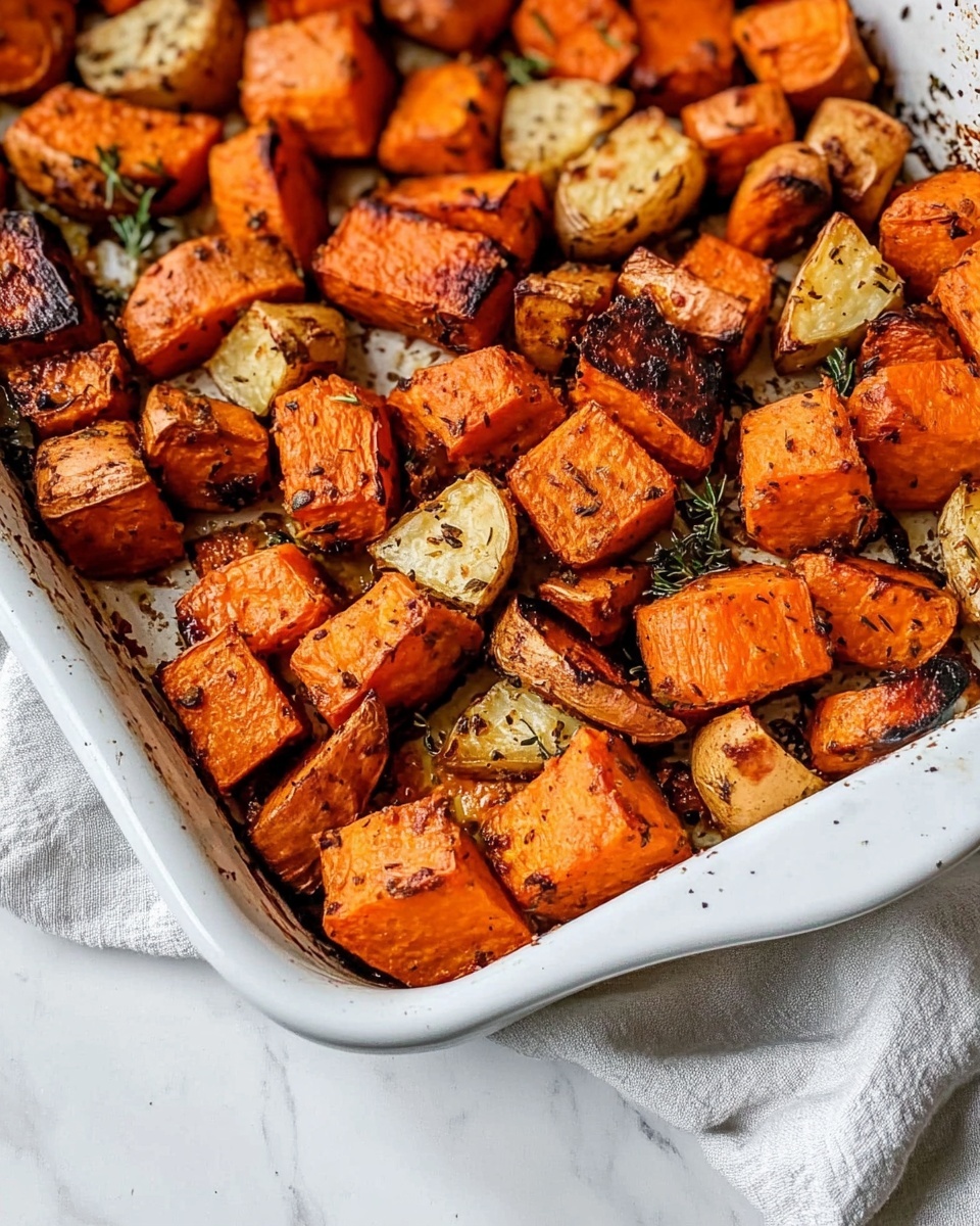 The image shows a white baking dish filled with roasted root vegetables, including carrot pieces and chunks of sweet potatoes. The vegetables have a vibrant orange and light brown color, with visible seasoning and herbs scattered on top. The edges of the dish have some roasted bits, adding texture, and the dish is placed on a white marbled surface with a light gray cloth towel underneath one side. Photo taken with an iphone --ar 4:5 --v 6.1