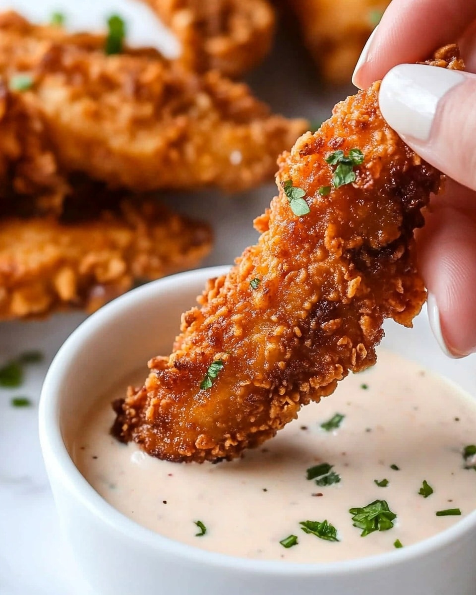 The image shows a close-up of crispy golden fried chicken pieces lying on a light brown paper on a white marbled surface. The focus is on one piece in the front, covered in a crunchy, textured coating with small green herb pieces sprinkled on top. A wooden spoon held by a woman's hand drizzles a thick, shiny reddish-brown sauce over this chicken piece, with some sauce dripping down the side and pooling on the paper below. The background shows more fried chicken pieces slightly blurred, emphasizing the main piece and sauce in the foreground. photo taken with an iphone --ar 4:5 --v 6.1