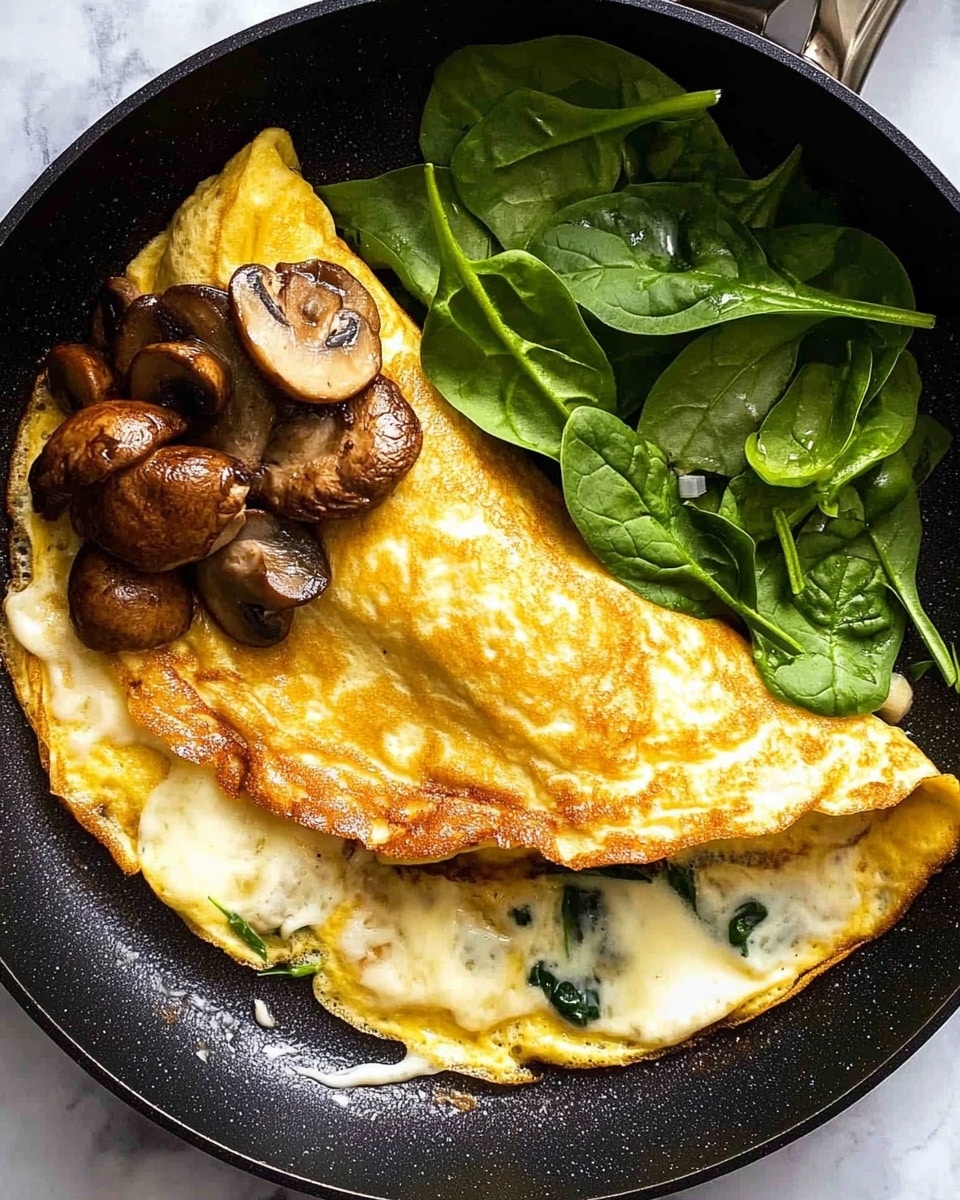 The image shows a golden-brown omelette folded over melted white cheese, with sautéed brown mushrooms peeking out from under the omelette on one side. On top of the omelette, there is a small pile of fresh bright green spinach leaves. The dish is served in a black pan placed on a white marbled surface. Some melted cheese and cooked mushrooms are scattered around the omelette inside the pan. photo taken with an iphone --ar 4:5 --v 6.1