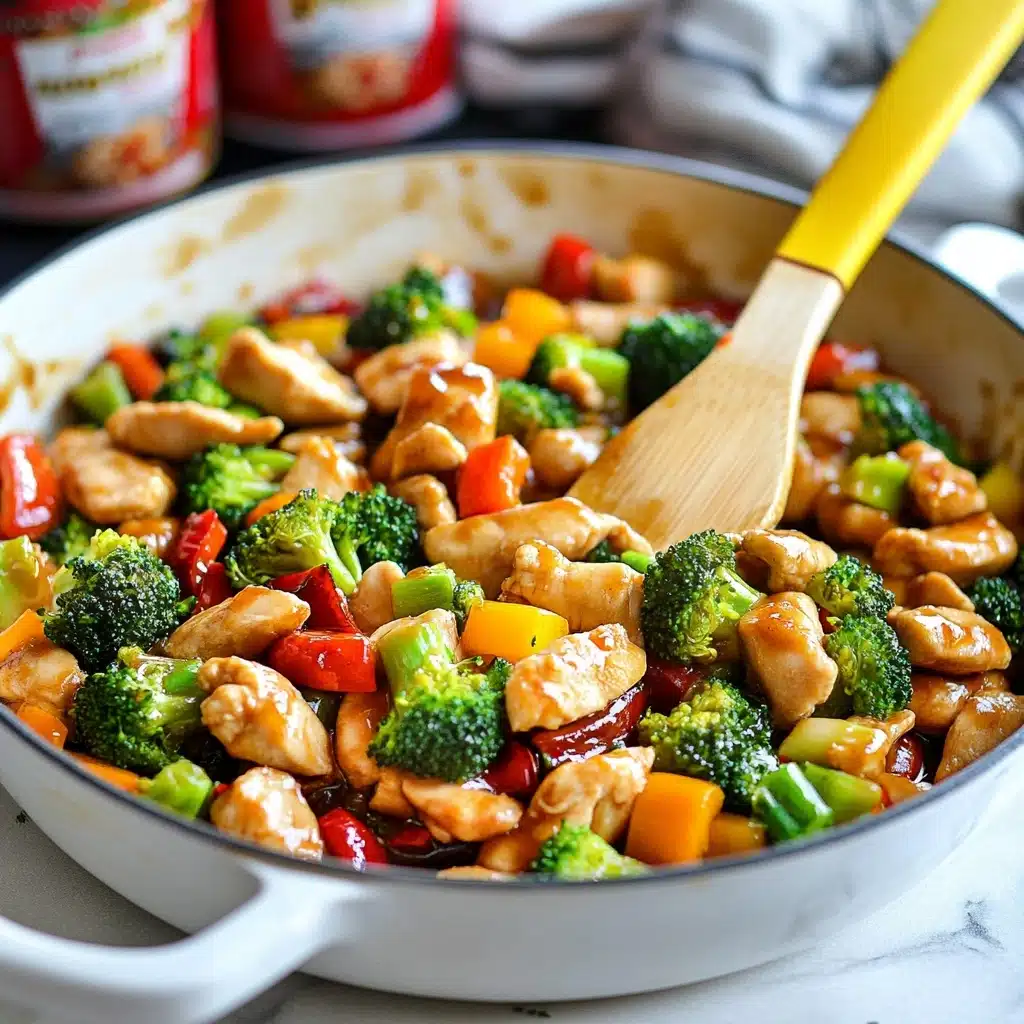 Chicken Stir Fry, easy chicken stir fry recipe, quick weeknight dinner, healthy chicken stir fry, vegetable stir fry A close-up image of a bowl filled with a colorful stir-fry featuring three main visible layers: chunky light brown pieces of cooked chicken on top, bright green broccoli florets scattered throughout, and bold orange carrot slices mixed in. The ingredients are coated with a shiny sauce that gives a slightly glossy texture, and a sprinkle of white sesame seeds is seen over the dish. The bowl is white with a blue diamond pattern around its sides, and two light wooden chopsticks are sticking out from the center. The background shows a soft-focus pan with more stir-fry and a white marbled surface under the bowl.