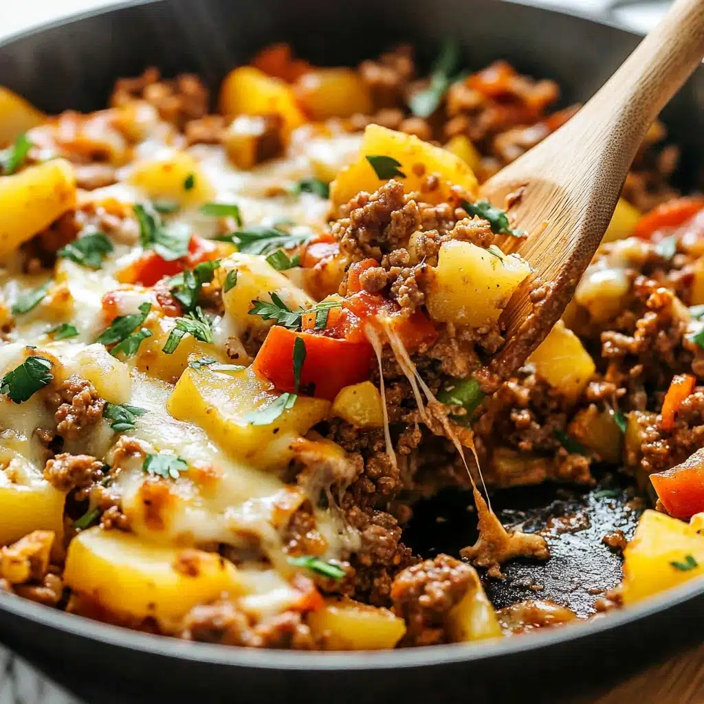 Mexican Ground Beef and Potato Skillet, Mexican beef and potato hash, hearty Mexican skillet recipe, easy Mexican ground beef dish, weeknight Mexican skillet meal The image shows a close-up of a cooked dish in a black pan with layers of browned ground meat, diced yellow potatoes, red bell peppers, and melted cheese stretched between pieces. The dish is sprinkled with chopped green herbs on top, adding a fresh touch. The textures are mixed, with soft melted cheese pulling across firm potato chunks and crumbly meat all coated in spices. A wooden spatula is lifting a portion of the food, showing the filling’s mix of colors and textures against the pan’s dark surface. The background features a white marbled texture.