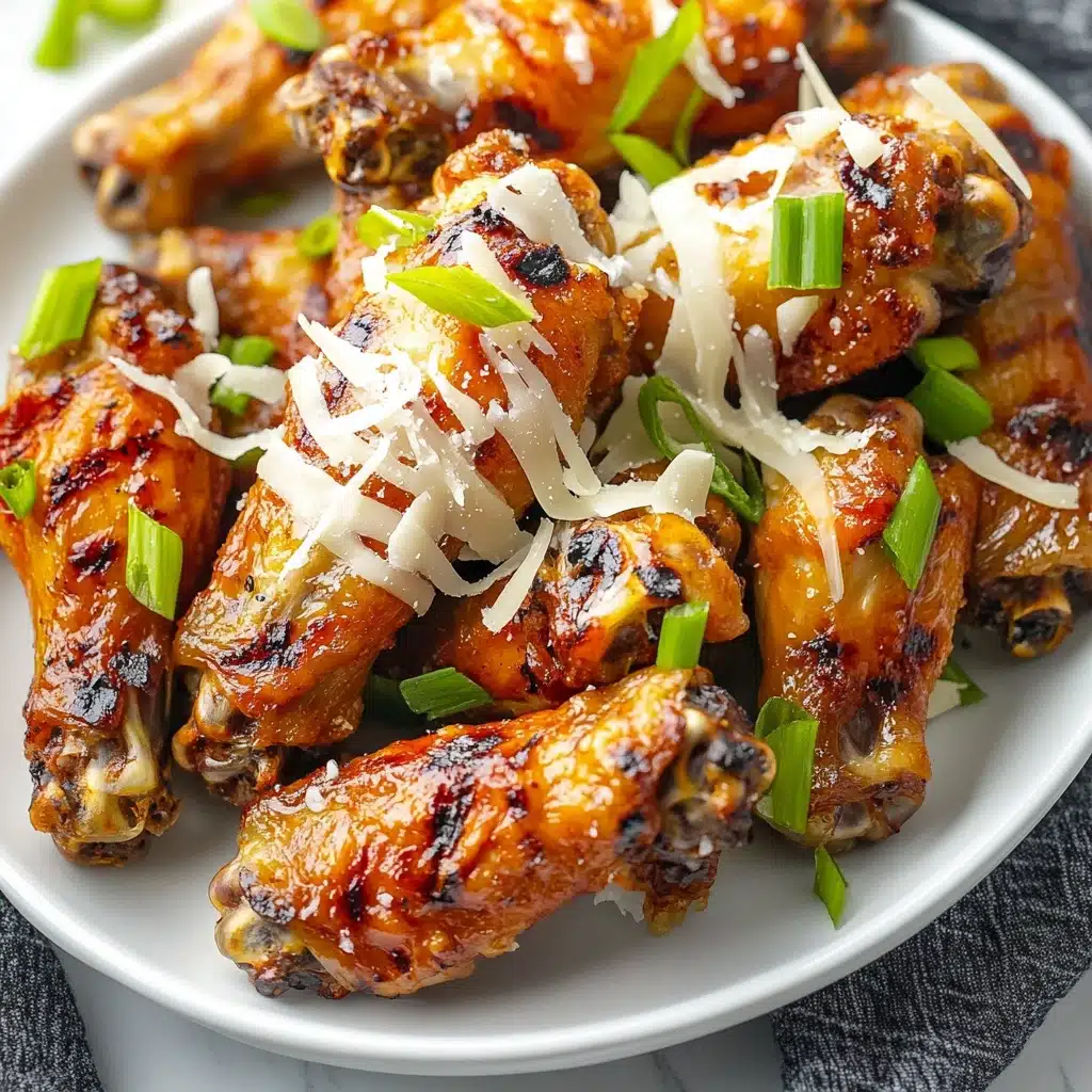 Crock Pot Garlic Parmesan Chicken Wings, slow cooker chicken wing recipes, easy garlic parmesan wings, homemade chicken wing dishes, simple appetizer recipes A white plate holds a pile of grilled chicken wings with a golden brown, crispy texture and some darker charred spots. They are topped with thin, white shredded cheese melted slightly over the wings. Scattered on top are small pieces of fresh green onion slices adding a fresh, bright contrast. The plate is placed on a white marbled surface with a dark cloth partially visible at the edge.