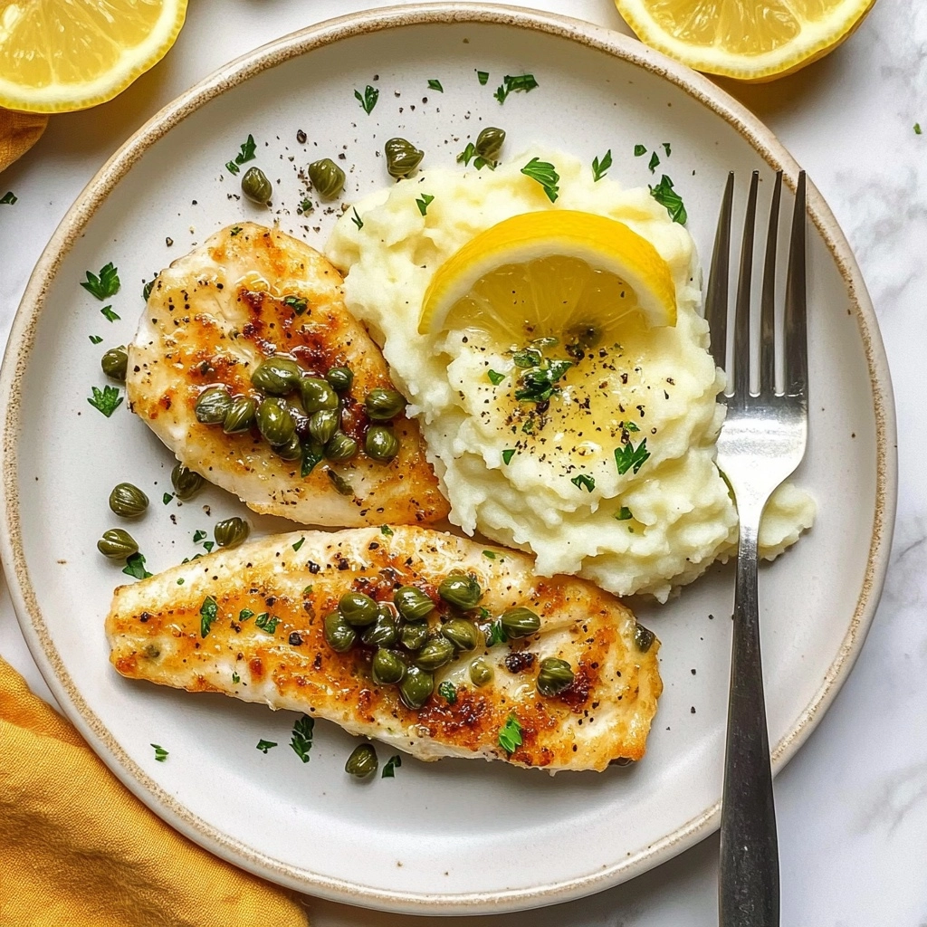 Easy Chicken Piccata Gluten-Free, Chicken Piccata recipe, gluten-free chicken dinner, quick chicken recipes, lemon chicken dinner A white plate with two golden brown cooked fillets topped with green capers and small bits of parsley, placed on the left side of the plate; next to them on the right is a fluffy, smooth mound of creamy white mashed potatoes sprinkled lightly with black pepper and parsley, with a yellow lemon wedge resting on top; a silver fork lies next to the mashed potatoes on the right side; the plate sits on a white marbled surface with parts of other plates and lemon slices partially visible around the main plate;