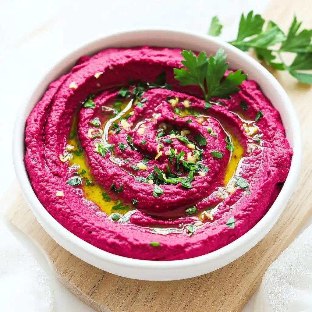 Easy Beetroot Hummus with Tahini, beetroot hummus, dairy-free hummus, healthy beetroot dip, plant-based beetroot spread A white bowl holds a thick, smooth, and creamy layer of bright magenta beet hummus, swirled into soft waves that show off the glossy, textured surface. The hummus is garnished with chopped green herbs and a few lemon zest shreds sprinkled on top, along with a drizzle of shiny olive oil that pools in the center, adding a bit of depth. A sprig of flat-leaf parsley sits on one side as a fresh accent. The bowl rests on a light wooden board over a white marbled texture background.