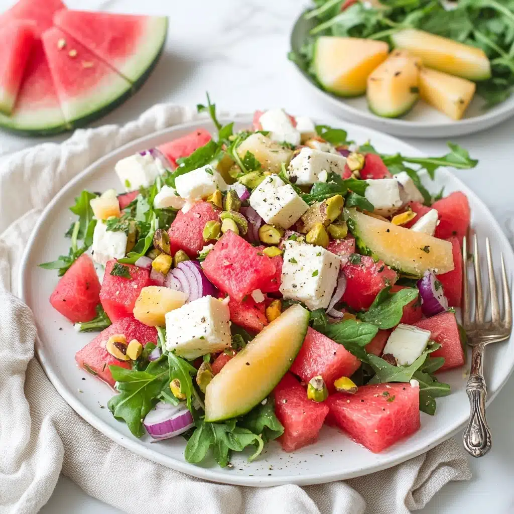 Watermelon Rind Salad with Feta & Arugula, easy summer watermelon salad, healthy refreshing watermelon side dish, quick fruit salad with feta, vibrant watermelon salad recipe This image shows a fresh salad on a white plate, set against a white marbled texture. The salad has three main layers: the bottom layer is filled with green arugula leaves that look crisp. On top, there is a mix of bright red watermelon cubes, pale yellow or white apple chunks, and creamy white feta cheese cubes all scattered evenly. Thin slices of purple onion are mixed in, adding color and texture. The salad is topped with whole roasted green pistachios and several large, fresh mint leaves for decoration. Everything looks vibrant, fresh, and moist.