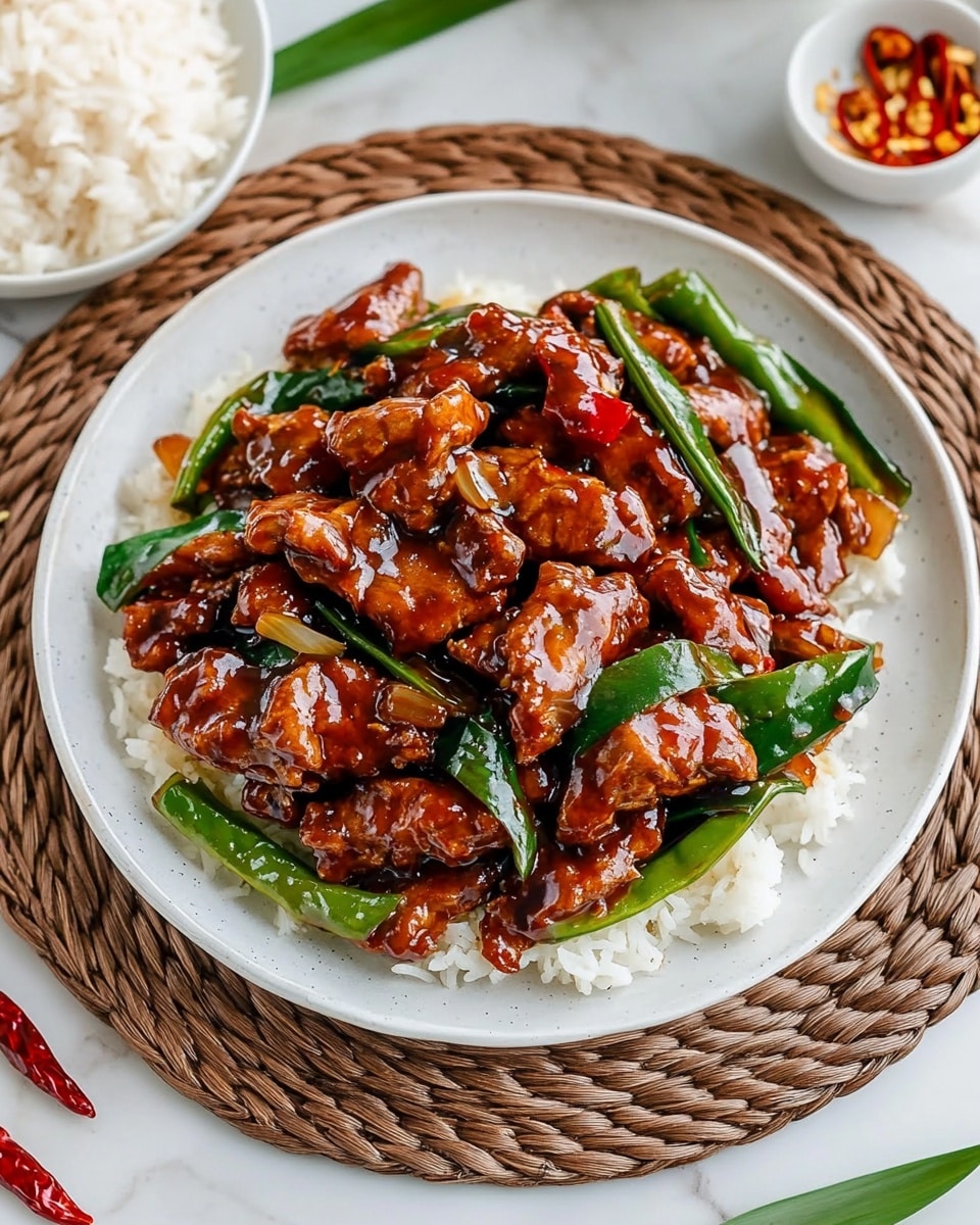 Mongolian Chicken, Mongolian Chicken recipe, Chinese chicken dishes, quick Asian dinner, crispy chicken stir-fry A white round plate sits on a woven brown charger, placed on a white marbled surface. The plate holds a dish with about two layers: the bottom layer has glossy, dark green, sliced long vegetables, and the top layer shows many pieces of brown glazed meat covered in a shiny reddish-brown sauce, mixed with whole dried red chilies and green vegetable pieces. The texture of the meat is slightly bumpy and coated in the sauce, contrasting with the smooth, fresh shine of the green vegetables. Surrounding the main plate, there are two white bowls filled with white rice, some dry red chilies, and green vegetables scattered on the white marbled surface.