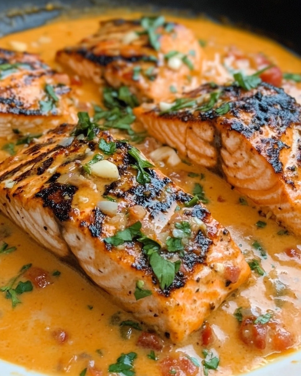 Marry Me Salmon, Sun-Dried Tomato Parmesan Sauce, Easy Salmon Dinner, Elegant Salmon Recipes, Healthy Salmon Meals The image shows a red pan filled with three pieces of browned chicken resting in a thick orange sauce with visible bits of tomatoes and herbs, garnished with small green basil leaves scattered on top. The sauce looks creamy and rich with a slightly textured surface. The pan sits on a white marbled texture.