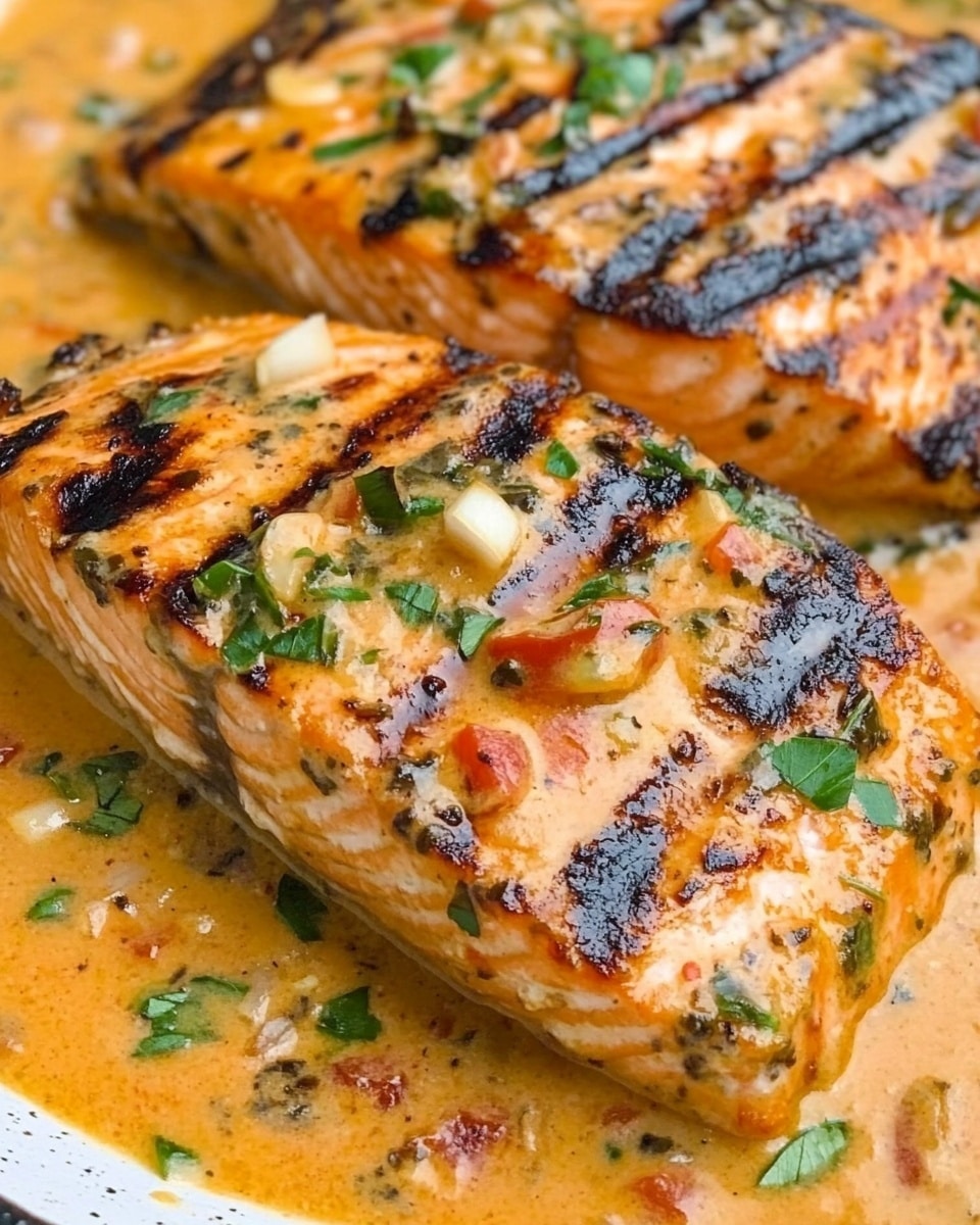 Marry Me Salmon, Sun-Dried Tomato Parmesan Sauce, Easy Salmon Dinner, Elegant Salmon Recipes, Healthy Salmon Meals The dish shows three pieces of grilled salmon placed in a thick orange creamy sauce with small bits of white and red, likely garlic and tomatoes. The salmon pieces have charred, dark grill marks on top and appear tender with a slightly pink center. Fresh green herbs are sprinkled over the salmon and sauce, adding a fresh contrast. The sauce looks rich, with a smooth yet chunky texture spread all around the fish on a white marbled surface.