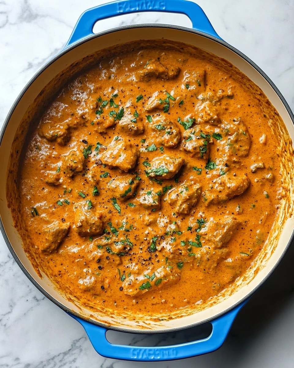 Instant Pot Chicken Tikka Masala, easy Indian chicken curry, quick Instant Pot curry, flavorful tikka masala recipe, restaurant-style chicken tikka masala The image shows a white bowl filled with creamy orange curry with chunks of tender meat evenly spread throughout. A woman's hand is holding a wooden spoon dipping into the curry, scooping up some meat and sauce from the center. The curry is topped with a light drizzle of white cream and sprinkled with chopped green herbs that add a fresh touch. Pieces of white flatbread with golden brown spots are arranged around the bowl on a white marbled surface. The bright, warm colors of the curry contrast with the white bowl and bread, creating an inviting and rich look.