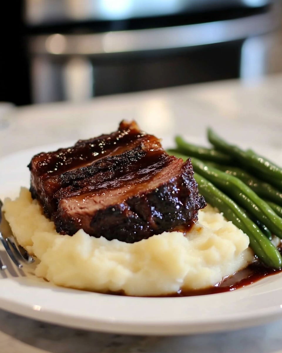 Instant Pot Beef Ribs, crispy broil finish, easy beef rib recipe, quick pressure cooker ribs, tender beef ribs A white plate with a base layer of creamy mashed potatoes that are smooth and fluffy, topped at the center by a thick slice of dark brown glazed meat with a shiny, sticky sauce. The meat is slightly pulled apart by a fork, revealing soft, tender, stringy texture inside. A few bright green beans rest on the edge of the mashed potatoes, adding a pop of color. The plate is set on a white marbled surface.