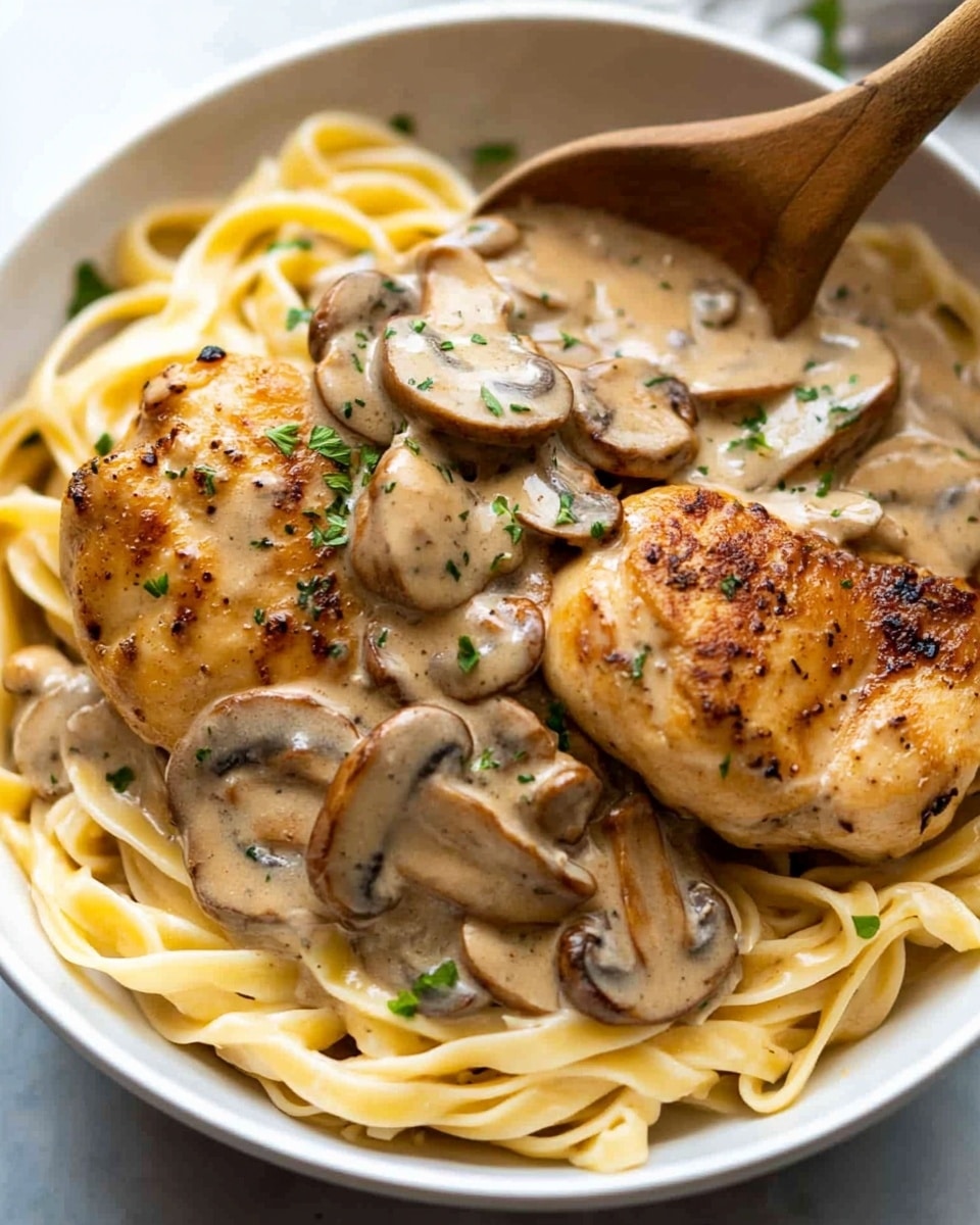 Chicken Stroganoff, creamy chicken mushroom skillet, easy chicken dinner, comforting chicken recipes, quick weeknight chicken dinner A white bowl sits on a white marbled surface, filled with a base layer of long, pale yellow fettuccine noodles arranged in a loose pile. On top of the noodles are two browned, cooked pieces of chicken, each with a slightly crispy texture visible. Over the chicken and noodles, there is a creamy, light brown mushroom sauce with several whole mushroom slices, which look soft and coated in the sauce. The sauce has a smooth texture and is garnished with small green herb pieces scattered mostly on the chicken and mushrooms. A wooden spoon held by a woman's hand is resting inside the bowl at the top right corner, slightly stirring the dish. The lighting is bright and natural, highlighting the creamy sauce and the browned chicken.