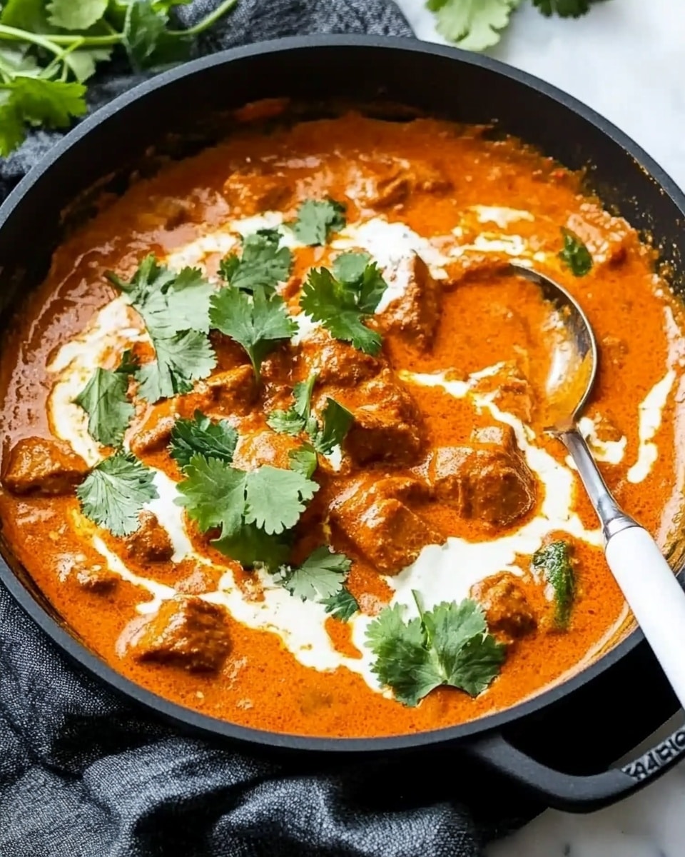 Homemade Chicken Curry, Chicken Curry Recipe, Easy Chicken Curry, Comforting Chicken Curry, Coconut Chicken Curry A round white bowl holds a base layer of fluffy white rice with separated grains. On top, there is a layer of orange-brown curry with visible chunks of cooked meat coated in thick sauce. Green coriander leaves are scattered over the curry for garnish. The bowl sits on a white marbled surface with a white and gray striped cloth nearby and a copper spoon to the side.