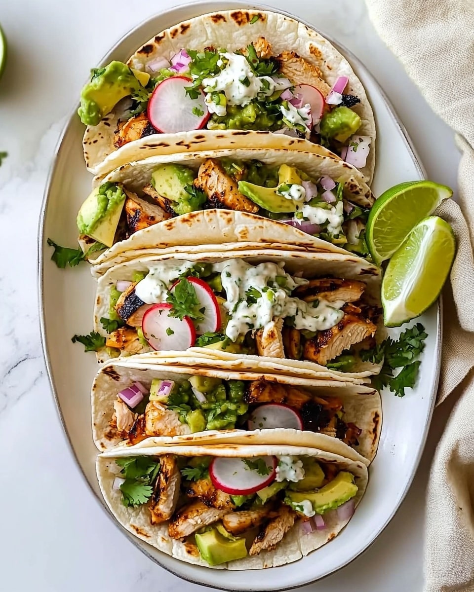 The BEST Grilled Chicken Tacos, grilled chicken tacos recipe, easy chicken taco ideas, smoky chicken tacos, quick taco dinner A white oval plate holds five soft tacos arranged in a row, each layered with grilled chicken pieces at the bottom, topped with thin slices of avocado and radish, a drizzle of white creamy sauce, green salsa, finely chopped red onions, and small bits of fresh cilantro scattered on top. The tortillas are soft and slightly folded to hold the fillings, with some lime wedges placed on the side of the plate. The plate sits on a white marbled surface with a beige cloth napkin partially visible on the right side.