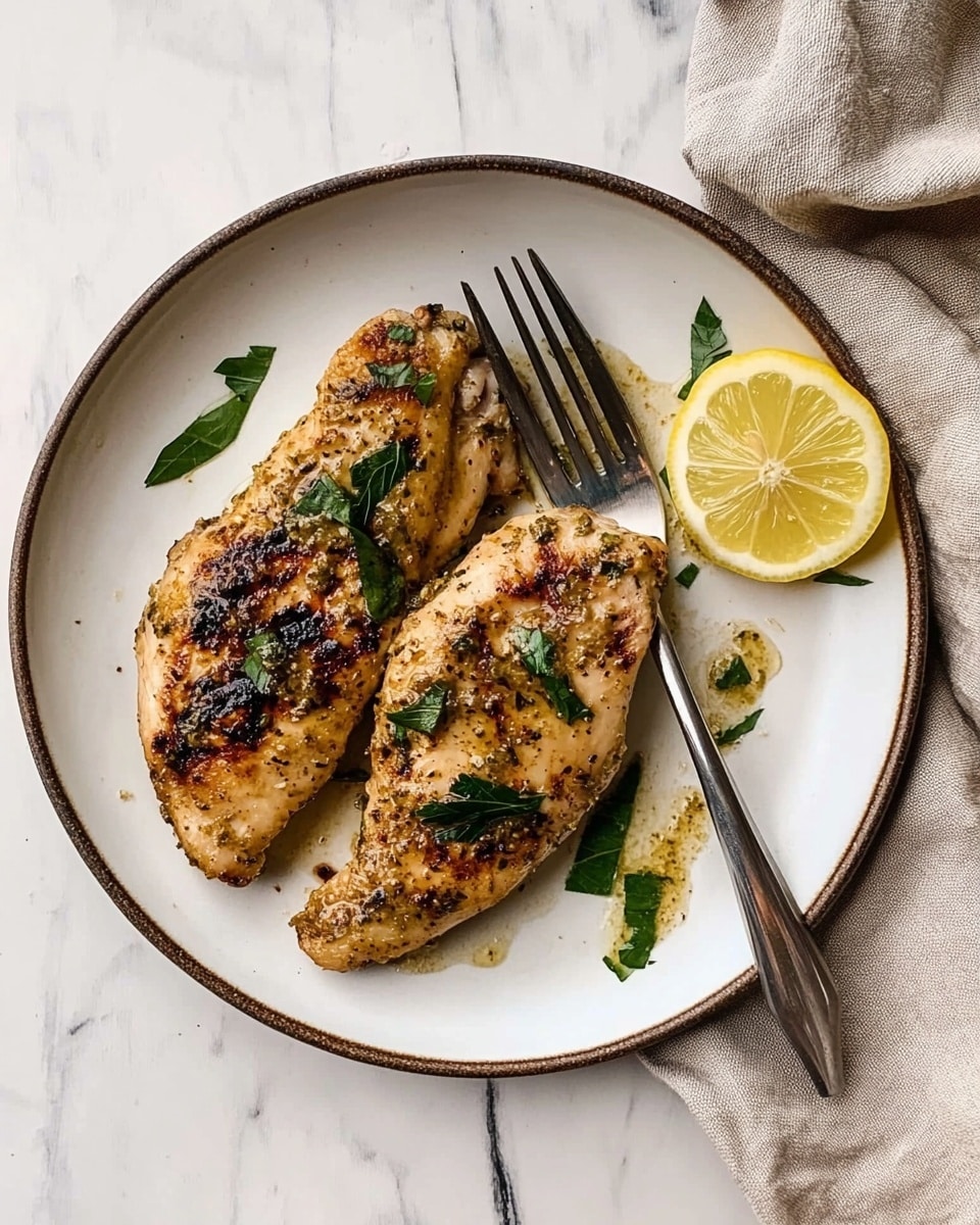 One-Pan Lemon Basil Chicken, lemon basil chicken, easy chicken dinner, quick weeknight chicken, healthy chicken recipes Two grilled pieces of seasoned chicken with green herbs on top sit on a round white plate. A silver fork rests on the right side of the plate next to a thin lemon slice. The plate is set on a white marbled surface with a beige cloth napkin to the right.