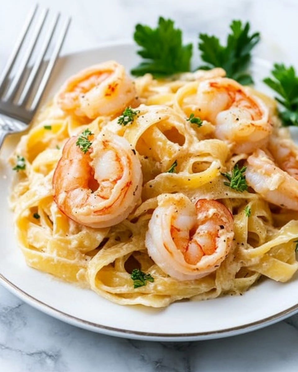 Shrimp Fettuccine Alfredo, creamy seafood pasta, easy shrimp pasta, quick weeknight dinner, homemade Alfredo sauce The image shows a white plate with five to six pieces of thick, creamy fettuccine pasta mixed with six large, pink shrimp. The shrimp have a slight orange tint and some seasoning. On top and around the pasta, there are small green parsley leaves adding color. A silver fork and spoon rest next to the plate on a white marbled surface. The background is simple and bright.