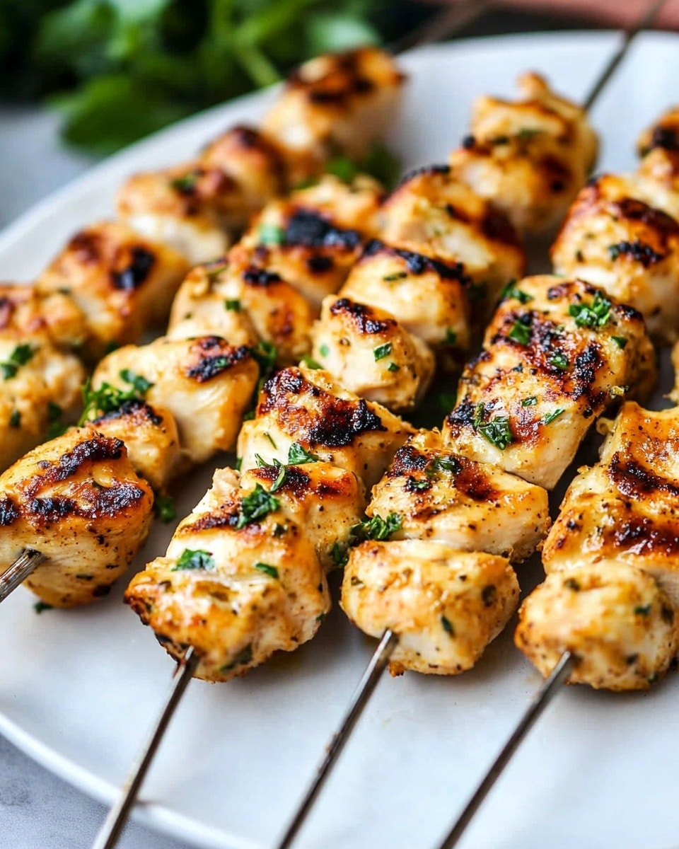 Garlic Parmesan Chicken Kebabs, chicken kebabs with Parmesan and garlic, easy grilled chicken skewers, quick chicken kebabs recipe, flavorful chicken skewers The image shows several skewers of grilled chicken pieces stacked close together on a white plate. Each skewer has multiple chunks of chicken with golden brown grill marks and a light char on the edges. The chicken looks juicy with a slightly shiny texture and is sprinkled with finely chopped green herbs. The plate is set on a white marbled surface. The focus is tight on the chicken, showing the details of the herb bits and the grilled surface.