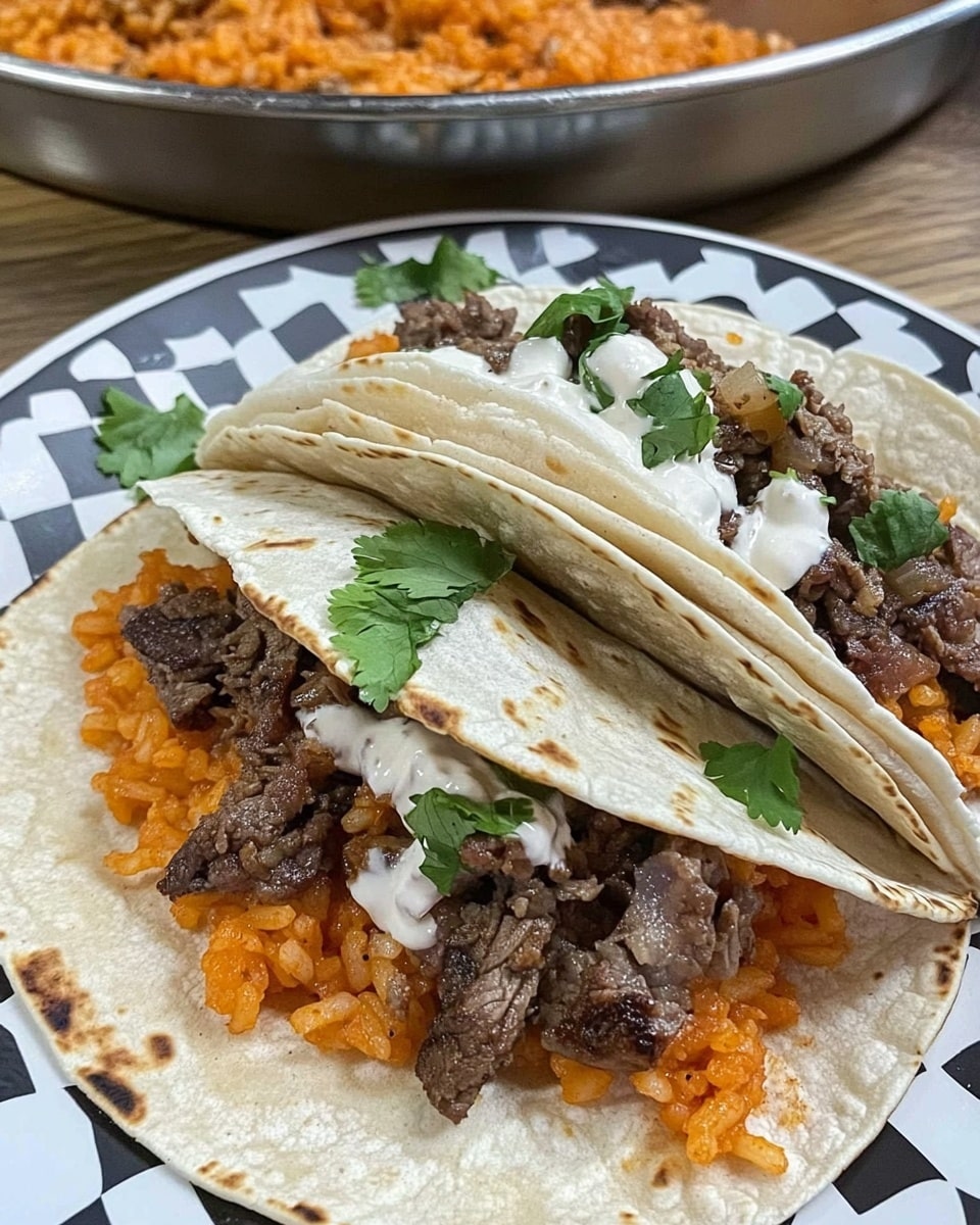 Cheesy Steak & Cilantro Lime Rice Wraps, steak wraps with lime rice, beef and rice burritos, quick and easy steak wraps, flavorful dinner wraps Two soft, white tortillas lie on a white plate with a black and white checkered pattern. The top taco shows three layers: at the bottom, a layer of orange rice with a moist texture; in the middle, dark brown cooked beef pieces scattered unevenly; over the beef, white creamy sauce drizzled and some red sauce on the right side; fresh green cilantro leaves are sprinkled on top. The bottom taco is partially folded, revealing the same orange rice, beef, and some green cilantro leaves sticking out. The plate rests on a wooden surface, with a large metal pan filled with more orange rice and beef visible in the background.