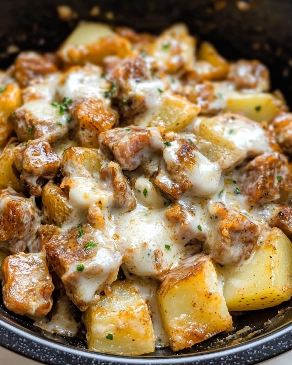 Garlic Parmesan Crockpot Chicken and Potatoes, Crockpot chicken and potatoes, easy slow cooker chicken dinner, savory chicken and potato recipe, comforting crockpot meal A close-up view of a dark bowl filled with a thick mix of cooked diced potatoes and chunks of meat, all coated in a creamy white sauce with specks of green herbs sprinkled on top. The diced potatoes are golden brown with some edges slightly darker, and the meat pieces have a browned texture with visible seasoning. The creamy sauce binds the ingredients, creating a rich, hearty look with a mix of soft and slightly crispy textures. The bowl sits on a white marbled surface.