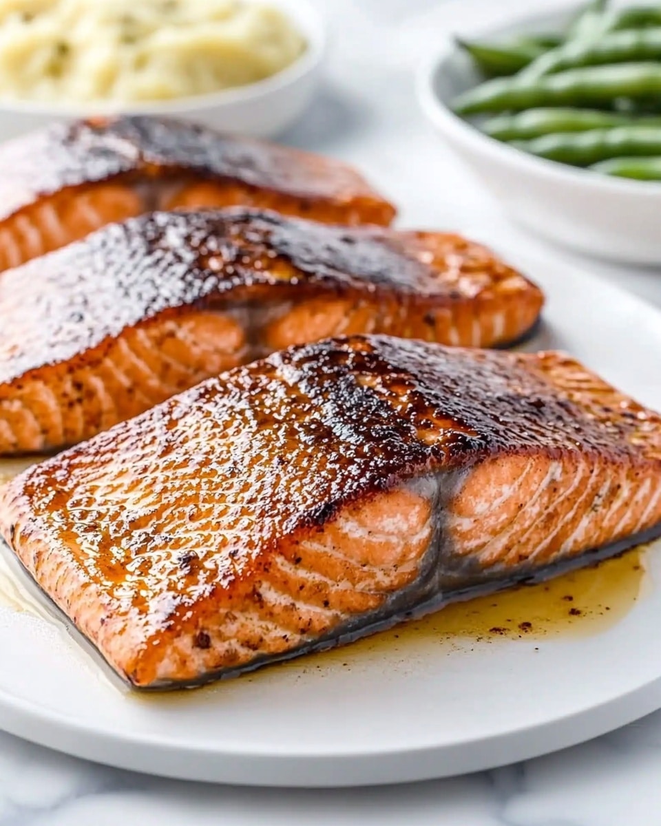 Chili Maple Glazed Salmon, chili maple glazed salmon, spicy sweet salmon, quick healthy salmon dinner, glazed salmon recipes Three large salmon fillets with a dark, spicy crust on top lie side by side on a foil-lined baking tray. The salmon's lower layers show a soft pink color, and the crust is rich brown with a slightly rough texture, spread evenly on each fillet. A bright red silicone brush with a wooden handle rests on the left edge of the tray. Behind the tray, a small white bowl with sauce and a gold spoon are seen on a white marbled surface.