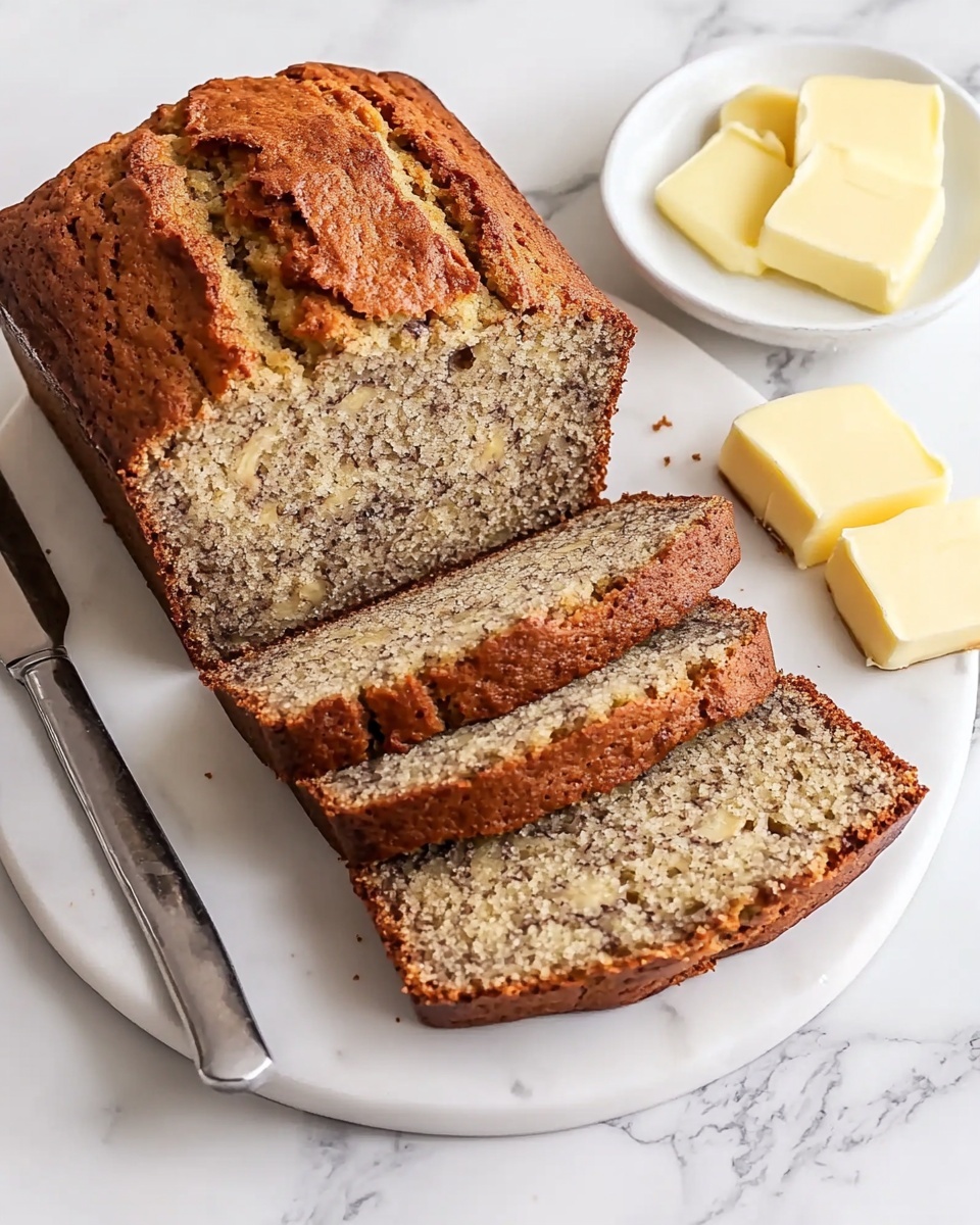 Simple Homemade Banana Bread, easy banana bread recipe, moist banana bread loaf, beginner banana bread, quick banana bread A loaf of banana bread sits on a white marble plate, with four even slices cut and laid out in front of the main loaf. The bread has a golden-brown crust with a moist light brown inside speckled with small darker bits, showing a soft crumb texture. To the upper right of the plate, a small white dish holds four light yellow butter squares. To the left of the plate, a silver butter knife rests on the white marbled surface. The whole scene is brightly lit, showing the warm tones of the bread and the creamy butter clearly.