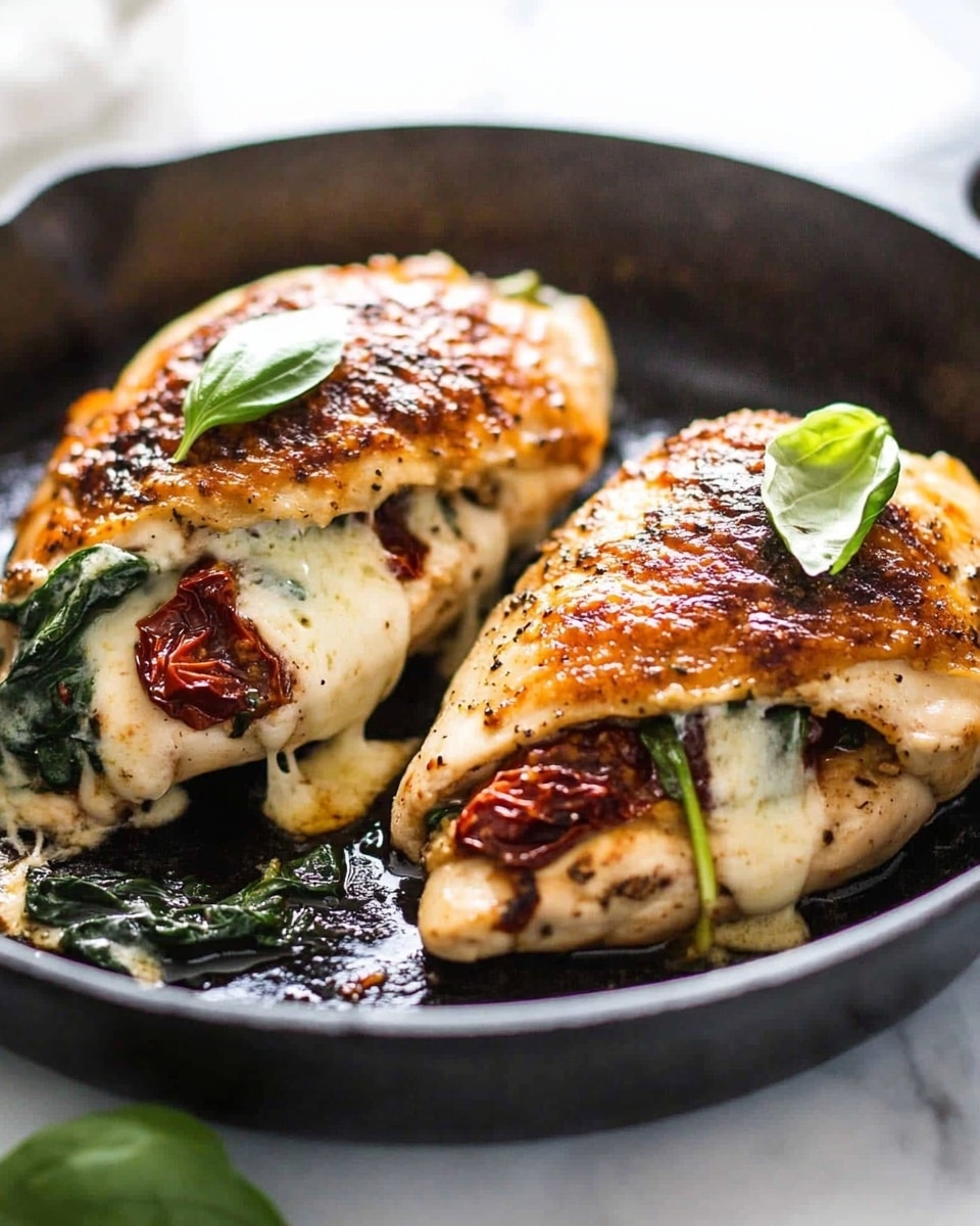 Spinach and Sun-Dried Tomato Stuffed Chicken Breast, stuffed chicken breast recipes, cheesy chicken breast with sun-dried tomatoes, easy stuffed chicken ideas, healthy chicken dinner recipes Two pieces of stuffed chicken sit in a black cast iron pan on a white marbled surface. Each piece has two layers: an outer golden brown cooked chicken layer folded over, with melted white cheese inside mixed with dark green spinach leaves and reddish-brown sun-dried tomatoes. The cheese is soft and slightly oozing out with some small fresh green basil leaves on top. The pan's black texture contrasts with the light colors of the chicken and filling.