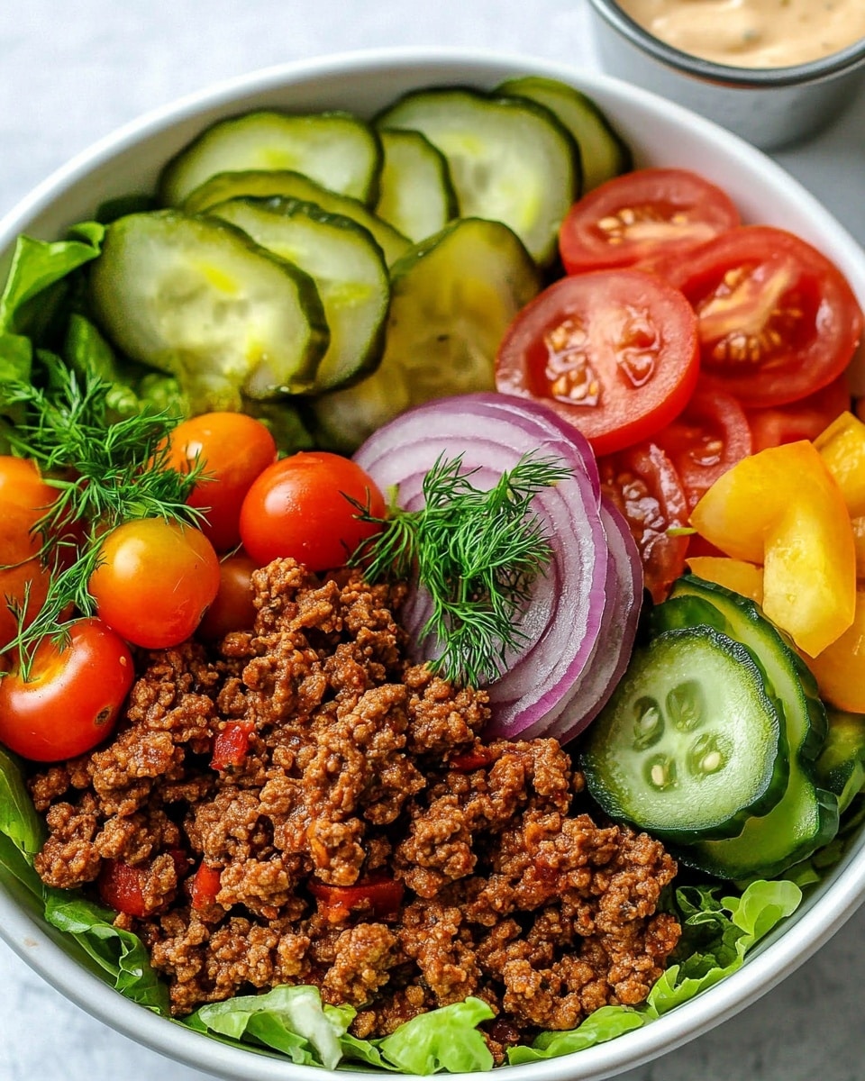 Burger Bowls with Crispy Potatoes and Savory Beef Mince, homemade burger bowl recipe, easy burger bowl dinner, quick crispy potato bowl, flavor-packed beef bowl The image shows a white bowl with a fresh salad arranged in layers. The bottom layer is green leafy lettuce covering the base. On the right side, there are thinly sliced pale green cucumbers with a creamy orange dressing drizzled on top. Above the cucumbers, crumbled brown seasoned ground meat is placed, also lightly drizzled with dressing. On the left side, thin rings of purple-red onion rest on the lettuce. At the bottom center, there are halved red and yellow cherry tomatoes garnished with small green herb sprigs. A small round metal cup of creamy orange dressing sits on the upper left portion over the lettuce. The whole bowl sits on a white marbled surface.