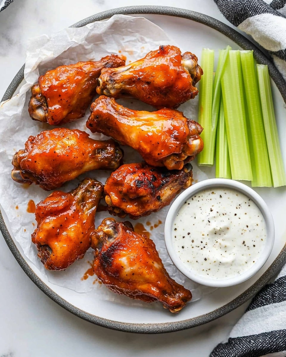 Crispy Baked Chicken Wings, baked chicken wings, crispy chicken wings recipe, oven-baked chicken wings, homemade chicken wings A white plate holds seven glazed chicken wings arranged in a loose circle around a small white bowl filled with white dipping sauce speckled with black pepper. On the right side of the plate, several green celery sticks stand neatly stacked. The chicken wings are shiny with a golden brown and reddish glaze, showing a slightly crispy texture. The plate sits on a white marbled surface.
