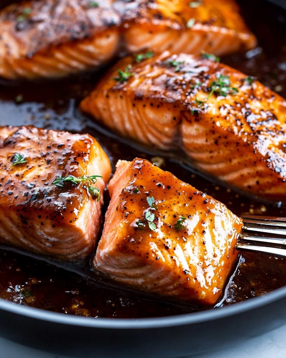 Honey Garlic Soy Glazed Salmon, honey garlic soy salmon, easy salmon recipes, healthy salmon dinner, quick seafood recipes The image shows two pieces of cooked salmon fillets in a pan, each coated with a shiny, dark brown glaze that looks thick and sticky. The top layer of the salmon has a caramelized texture with small sprinkles of green herbs and black pepper. One piece of salmon has flakes gently peeling off, revealing the soft, moist, light orange flesh inside. The background is a white marbled texture, and a silver fork touches the edge of the salmon in the foreground. The overall look is rich, flavorful, and fresh.