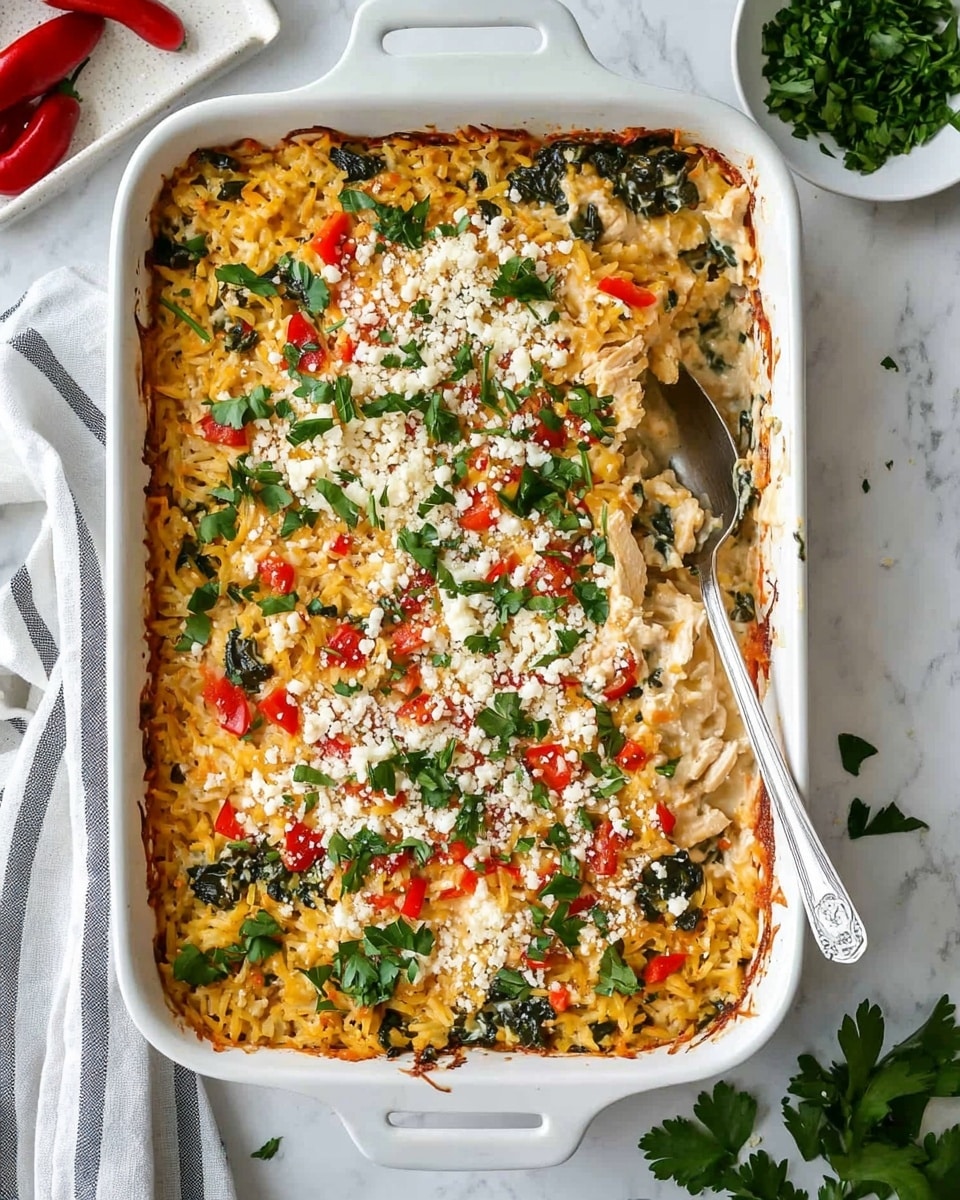 Greek Chicken Casserole with Orzo, Feta, and Spinach, Greek chicken casserole, easy Greek chicken bake, healthy chicken casserole, Mediterranean chicken recipe A white rectangular baking dish filled with a layered casserole dish. The top layer consists of scattered small white cheese crumbles and chopped green herbs. Underneath, there are visible layers of light yellowish cooked orzo pasta mixed with shredded light tan chicken pieces, bright red roasted peppers, and wilted dark green leafy vegetables. A silver fork is inserted into the dish, stirring the mixture on the right side. The dish sits on a white marbled surface with a small white bowl holding green herbs in the corner.