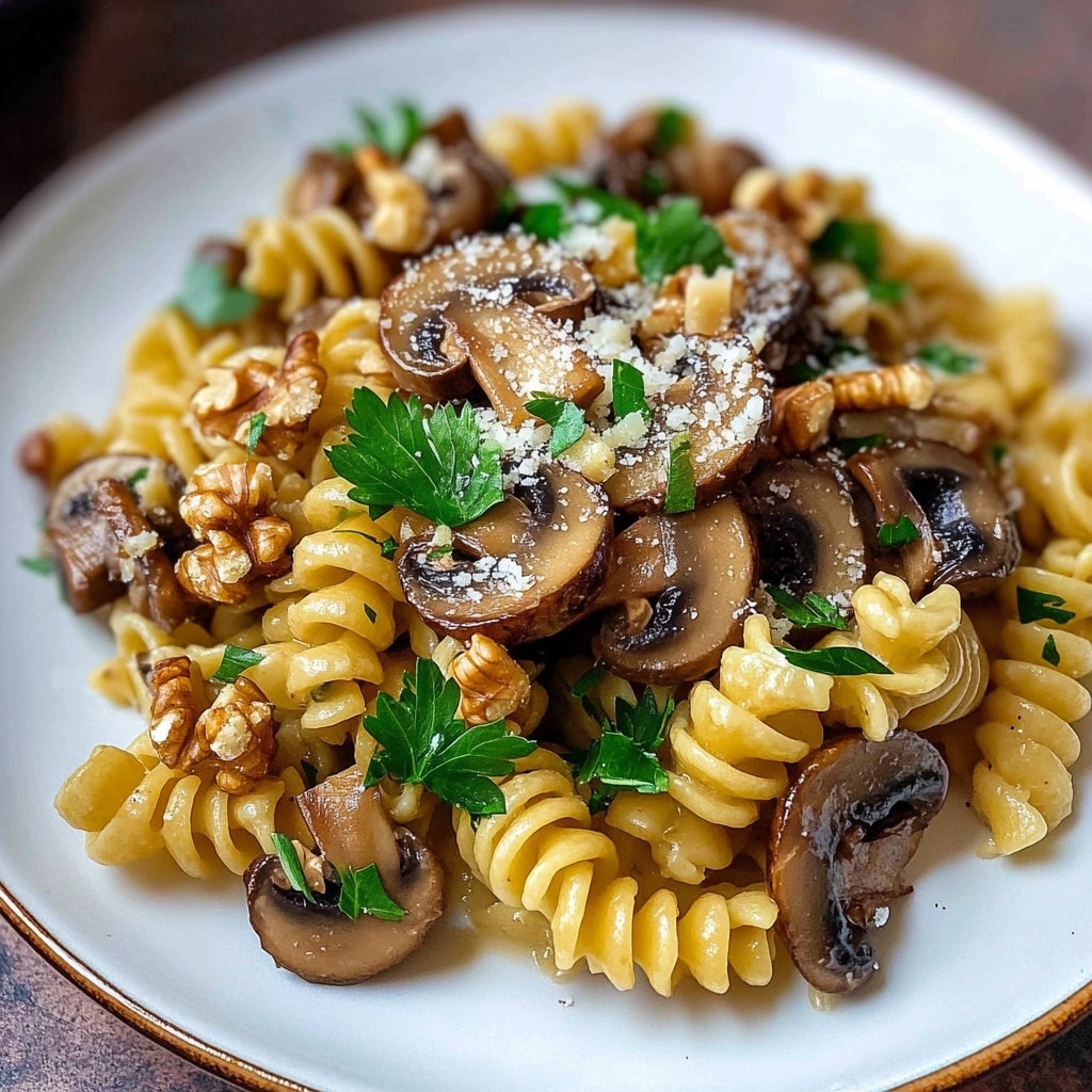 Garlic Mushroom Pasta, Mushroom Pasta Recipe, Easy Mushroom Pasta, Creamy Garlic Pasta, Vegetarian Pasta Dinner A white plate is filled with curly, yellow pasta piled high, mixed with thick slices of dark brown mushrooms and small chunks of walnuts, all glistening with a light sauce. Fresh green parsley leaves are scattered throughout and sprinkled on top, adding a pop of bright color. You can see the different textures clearly: the pasta looks firm and ridged, while the mushrooms are smooth and moist. Grated cheese is dusted lightly over the whole dish, giving it a slightly powdery look in some areas. The background is a white marbled texture.