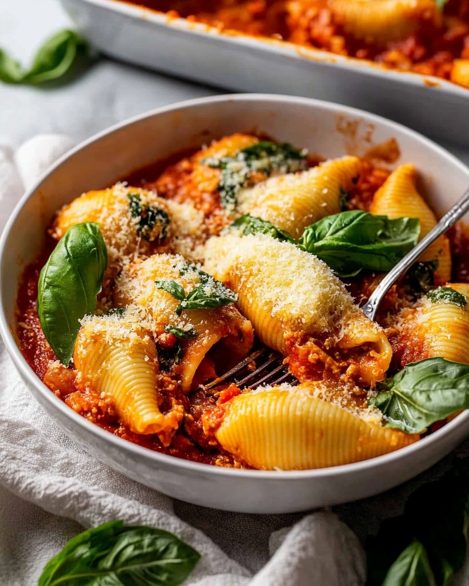 Spinach Ricotta Stuffed Shells with Tomato Sauce, spinach stuffed pasta bake, cheesy stuffed shells, baked spinach ricotta shells, easy stuffed pasta recipe This image shows a round black pan filled with large pasta shells arranged in a circular pattern on top of a bright red tomato sauce. Each pasta shell is stuffed with a creamy white and green spinach filling, with the tops browned and bubbly, giving a golden and slightly crispy texture. The shells lie close together, their ruffled edges visible, and the red sauce peeks through around the edges of the shells. The pan is placed on a dark wooden surface with a peek of a blue cloth under it.