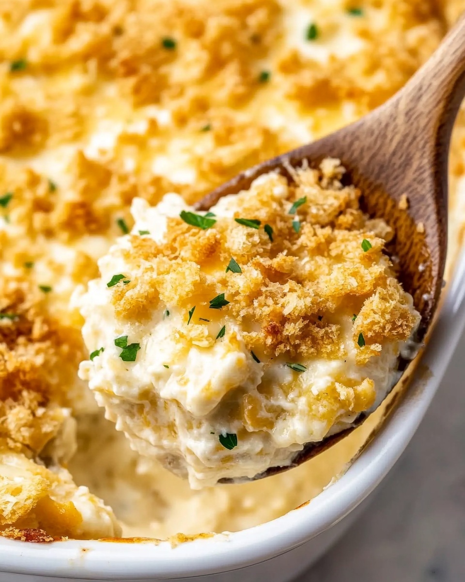 A white plate holds a serving of cheesy potato casserole with three main layers: the bottom layer is soft, light yellow cooked potato chunks, the middle layer is creamy white cheese sauce, and the top layer is golden brown melted cheese with a crunchy breadcrumb topping and small green parsley pieces scattered over it. On the left side of the plate, a silver fork is partially visible. The plate is on a white marbled surface with a blurred background showing a white casserole dish with more of the same casserole, a black bowl, and a cloth with a black-and-white checkered pattern. photo taken with an iphone --ar 4:5 --v 6.1