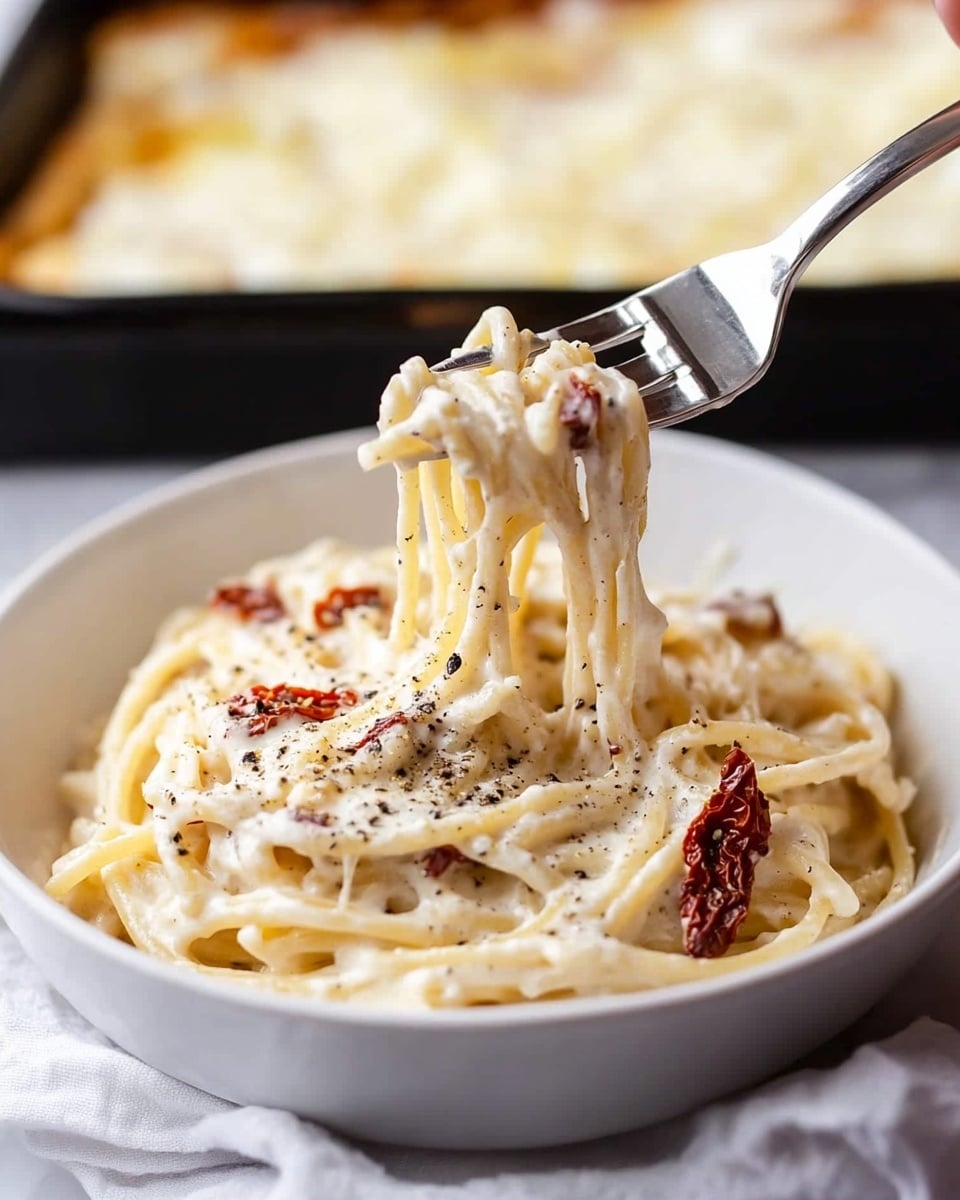 This image shows a close-up of a white glass dish filled with baked cheesy pasta. The pasta is creamy and white with strings of melted cheese stretching up as a woman's hand lifts a scoop with a fork. Small bits of browned bacon are scattered on top, adding spots of reddish-brown color. The cheesy pasta has a smooth, creamy texture with some browned crispy edges. The background is a white marbled surface, and the focus is on the creamy, cheesy pasta being served. photo taken with an iphone --ar 4:5 --v 6.1