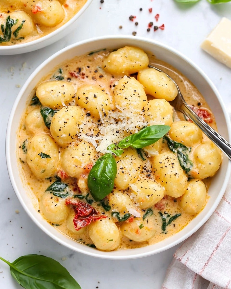 A white bowl filled with soft, yellow gnocchi mixed in a thick, creamy sauce with visible red pieces of sun-dried tomatoes and green spinach leaves. The gnocchi and sauce are speckled with black pepper and herbs, giving a textured look. On top, there is a sprinkle of grated white cheese and a fresh green basil leaf as a garnish. A silver spoon partly rests inside the bowl, and the bowl is placed on a white marbled surface with scattered red pepper flakes nearby. Another similar white bowl filled with the same dish is partly visible in the background. The scene includes a white cloth with peach stripes next to the bowl. photo taken with an iphone --ar 4:5 --v 6.1