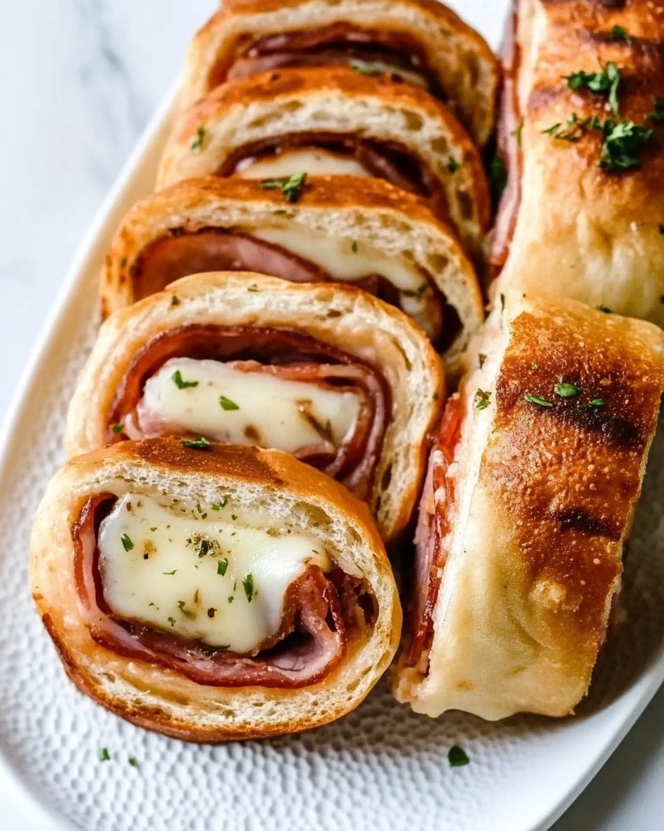 The image shows five rolled slices of bread with visible layers of melted cheese, thin red slices of meat, and light brown toasted bread on a white textured plate. The rolls are arranged in a neat row, and some green herb bits are sprinkled on top and around the plate. To the side, there is a small white bowl filled with red sauce. In the background, more slices of the same rolls are placed on a wooden board on a white marbled surface. Photo taken with an iphone --ar 4:5 --v 6.1