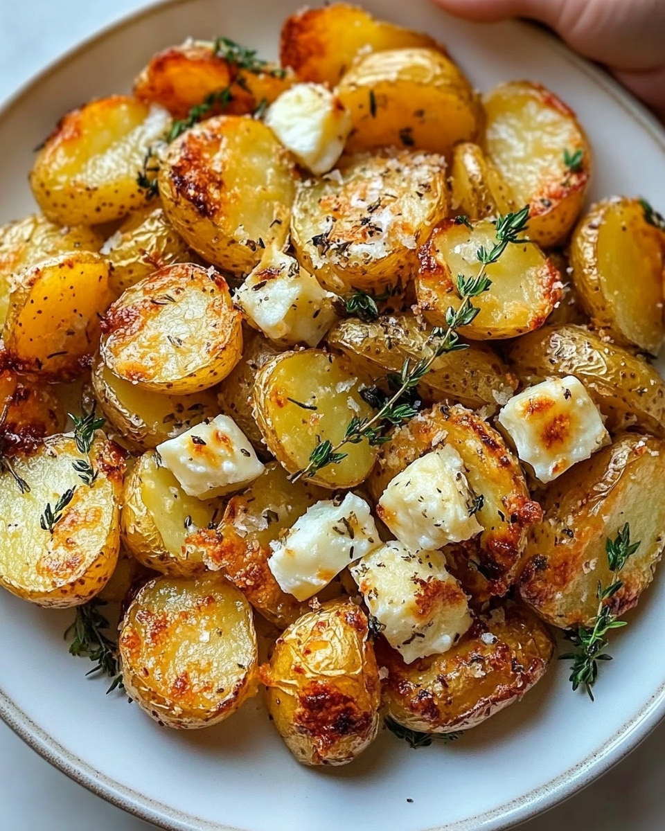 A white plate holds a dish made of golden-brown roasted potato pieces mixed with small white crumbles of cheese, sprinkled with thinly sliced fresh green basil leaves. The potatoes have a crispy texture with some parts darker and caramelized. The dish sits on a white marbled surface with a folded beige textured cloth underneath the plate on the left side, a bright yellow lemon wedge in the top left corner, a copper spoon above the plate, and chopped green basil on a wooden board at the bottom right. Photo taken with an iphone --ar 4:5 --v 6.1