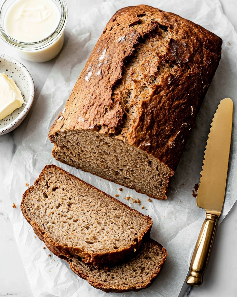 The image shows a loaf of brown bread with a rough, cracked top surface and a textured crumb visible in the slices. The loaf is placed on white parchment paper over a white marbled surface. Two thick slices are cut from one end, showing a moist interior with small holes and slight bits of green. To the left, there is a slice with a spread of light cream-colored butter. A small bowl with creamy butter and a glass of milk are next to the loaf. A golden knife with a bit of butter rests on the right side of the bread. photo taken with an iphone --ar 4:5 --v 6.1
