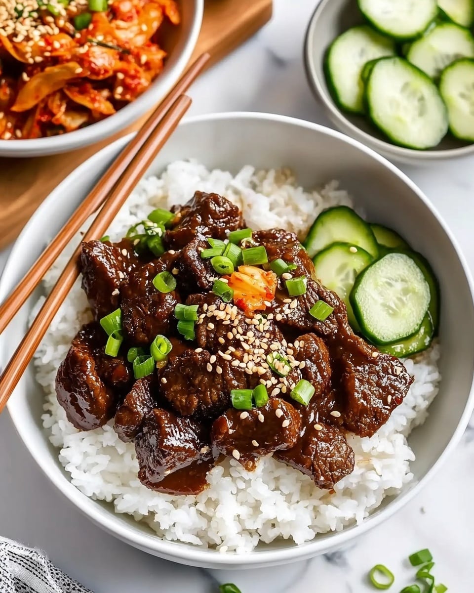 The dish is served in a white bowl with a base layer of fluffy white rice spread evenly. On top of the rice is a middle layer of dark brown, glossy beef pieces coated in a thick sauce, sprinkled with small pale yellow sesame seeds and garnished with light green sliced scallions. To the right side of the beef, there is a bright orange layer of kimchi with a slightly wet, crinkled texture. Fresh, round, light green cucumber slices with a pale center and darker green skin are arranged neatly near the kimchi on the upper right edge of the bowl. A pair of smooth, medium brown chopsticks rests on the bowl's edge on the left. The bowl is placed on a white marbled surface, with small white Bowls containing sesame seeds, scallions, and kimchi nearby, and a wooden board with extra cucumber slices sits in front of the bowl. Photo taken with an iphone --ar 4:5 --v 6.1