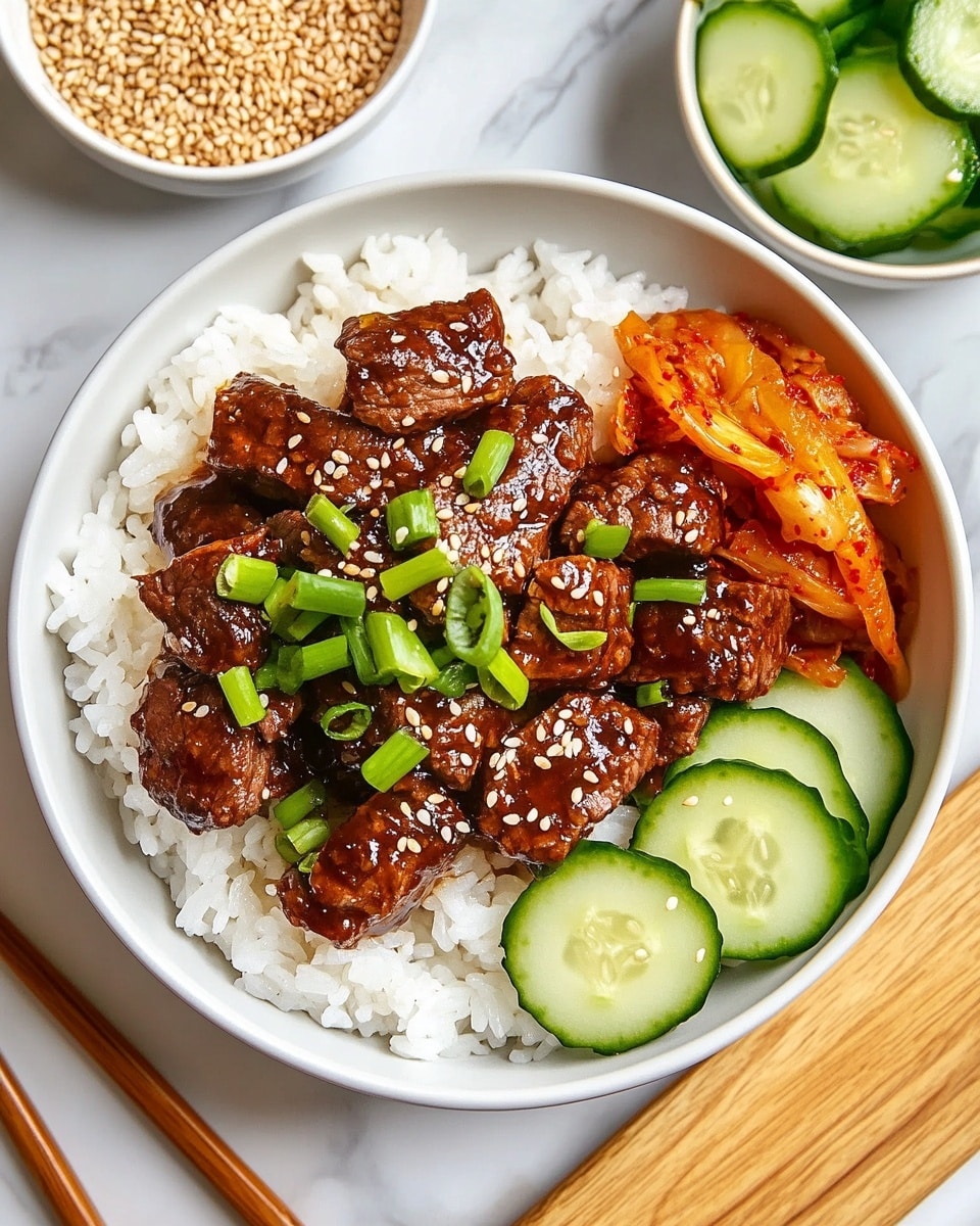 The dish is served in a white bowl filled at the bottom with a layer of white rice with a soft texture. On top of the rice, there is a generous layer of dark brown beef pieces coated in a shiny sauce, sprinkled with light-colored sesame seeds and garnished with sliced green onions. To the side, bright orange-red kimchi is placed next to several thin, round slices of light green cucumber with visible seeds. A pair of wooden chopsticks rests on the edge of the bowl. The whole setting is placed on a white marbled surface, accompanied by small bowls and a wooden board holding extra cucumber slices and more kimchi. photo taken with an iphone --ar 4:5 --v 6.1