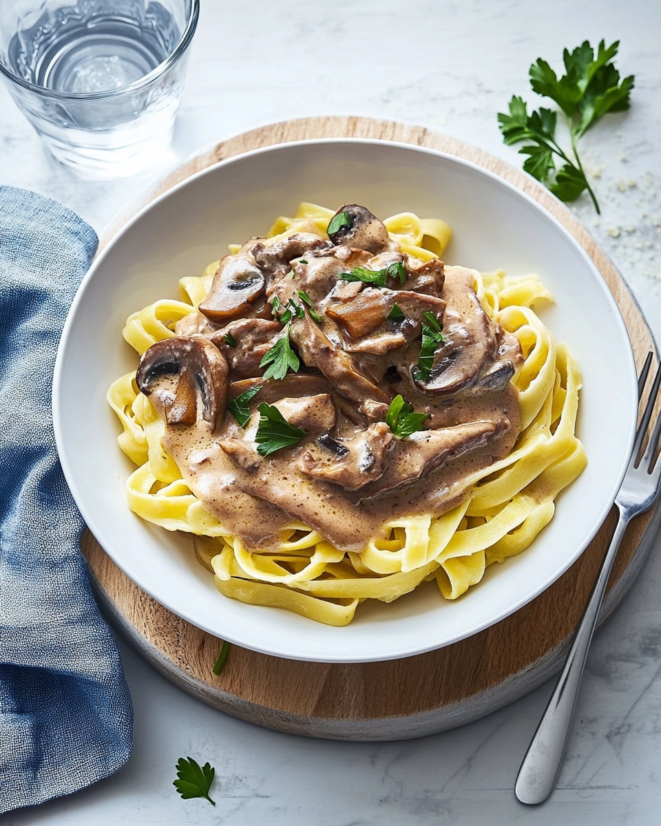 A white bowl sits on a wooden board with a blue cloth and fork beside it, resting on a white marbled surface. Inside the bowl is a layer of yellow fettuccine pasta, twisted and forming a nest shape. On top of the pasta is a thick layer of creamy sauce with brown mushroom slices and strips of cooked meat, all coated in the sauce. Small green parsley leaves are scattered over the dish, adding bright color contrast. A clear glass of water is placed to the top left of the bowl. photo taken with an iphone --ar 4:5 --v 6.1